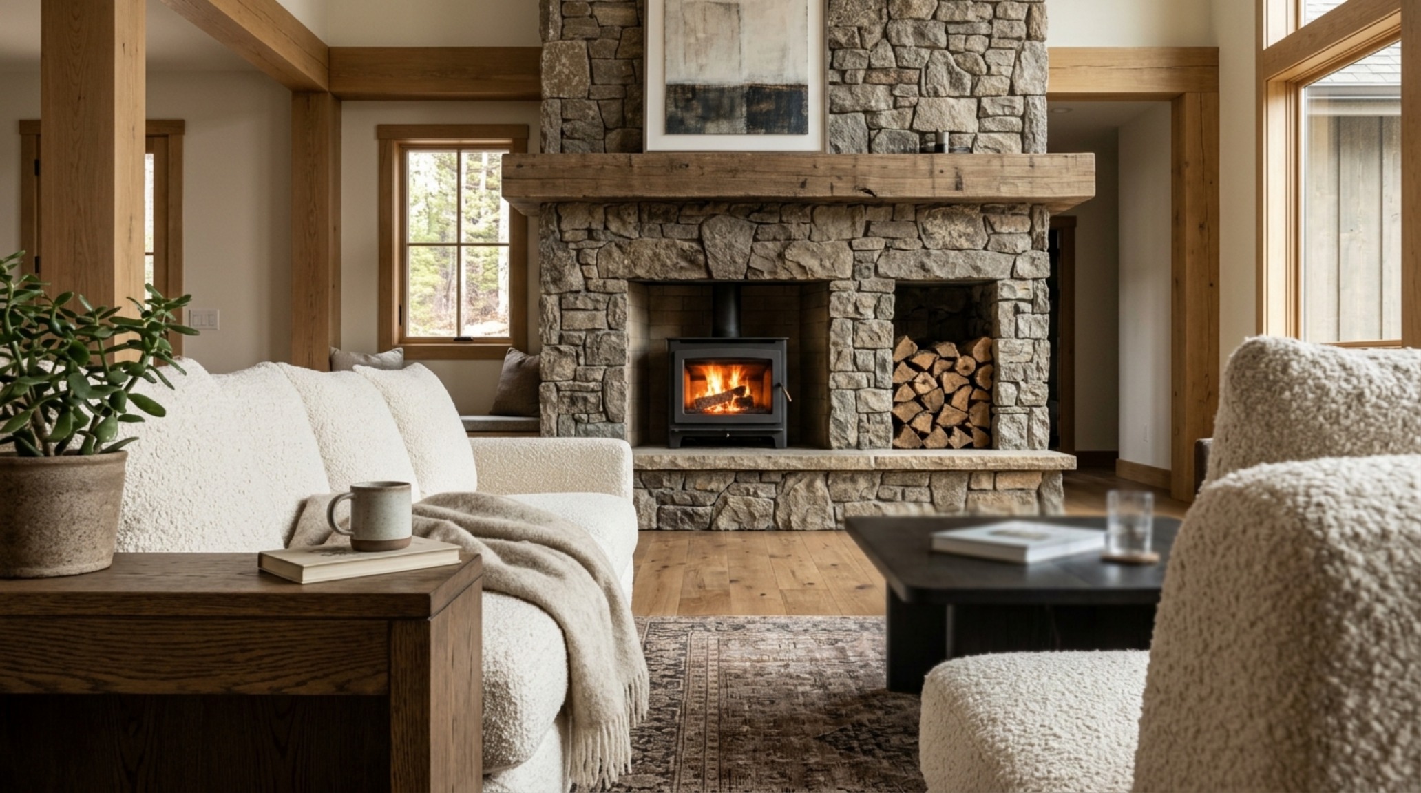 Spatial cadence in a large living room with a floor-to-ceiling hearth, 18-inch coffee table reach, and sightline alignment between the fireplace and furniture.