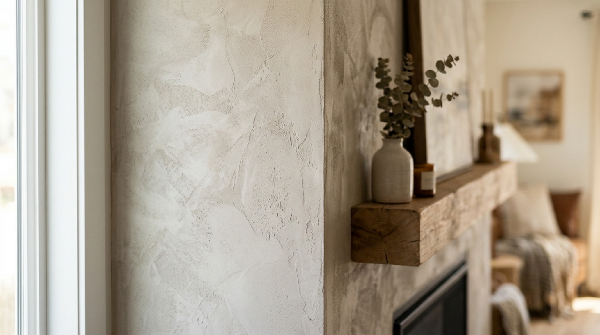 Hand-applied Roman Clay finish on a fireplace breast, showing the sueded texture and soft-focus light refraction in a designer interior.