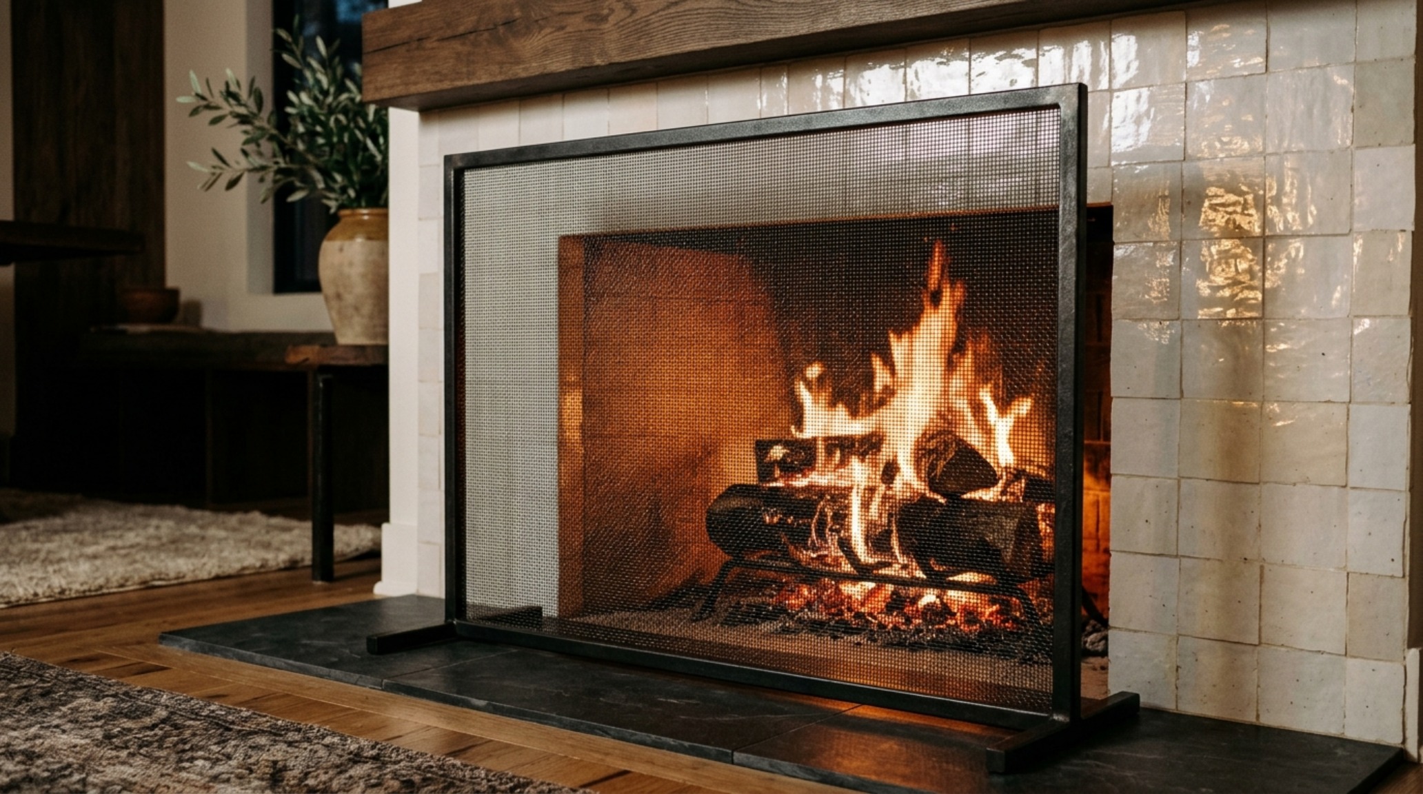 Custom blackened steel fire screen with a minimalist geometric pattern, set against a backdrop of shimmering white zellige tiles and a warm 2700K glow.