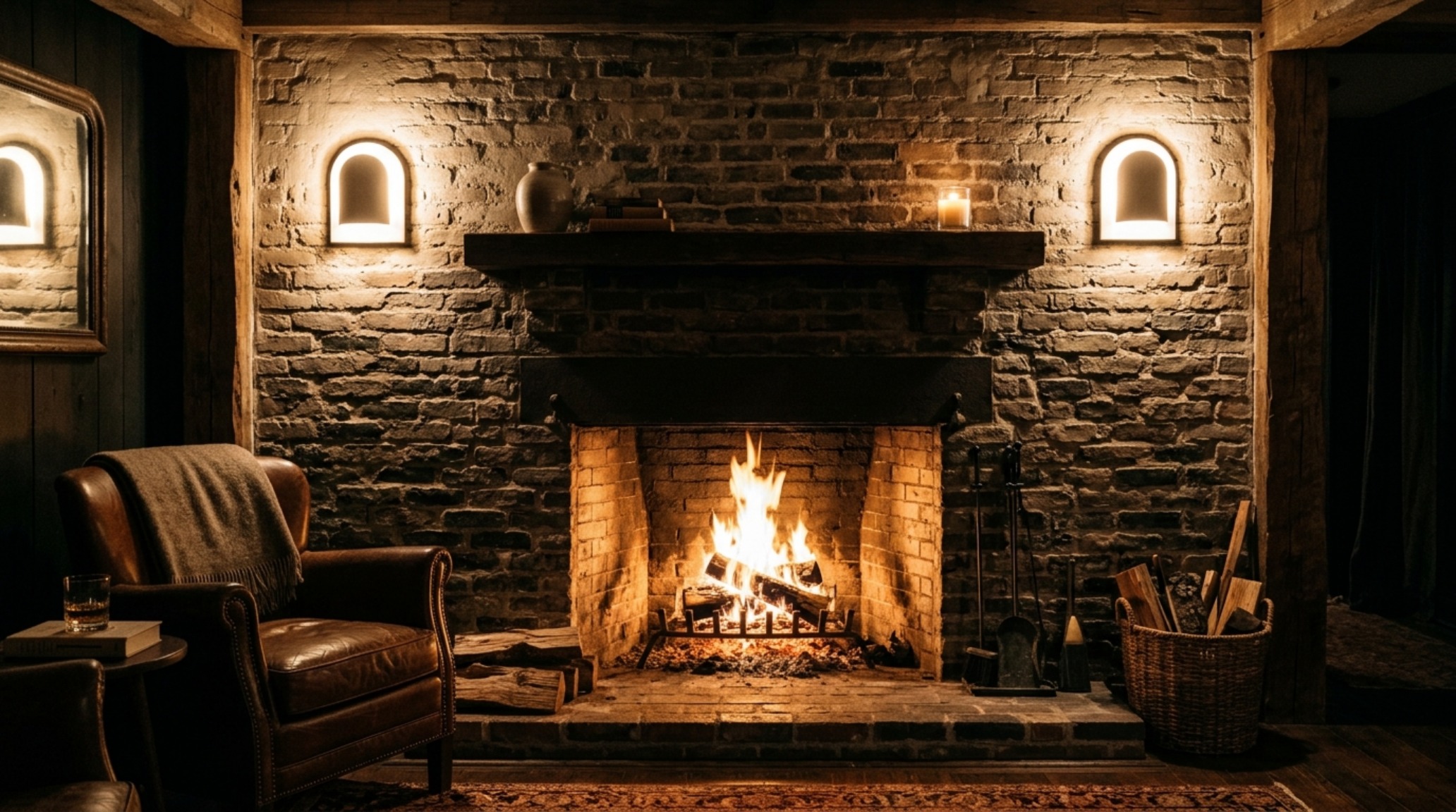 Atmospheric 2700K lighting design highlighting the mortar-smeared brickwork of a farmhouse hearth with soft, dramatic shadows and high CRI plaster sconces.