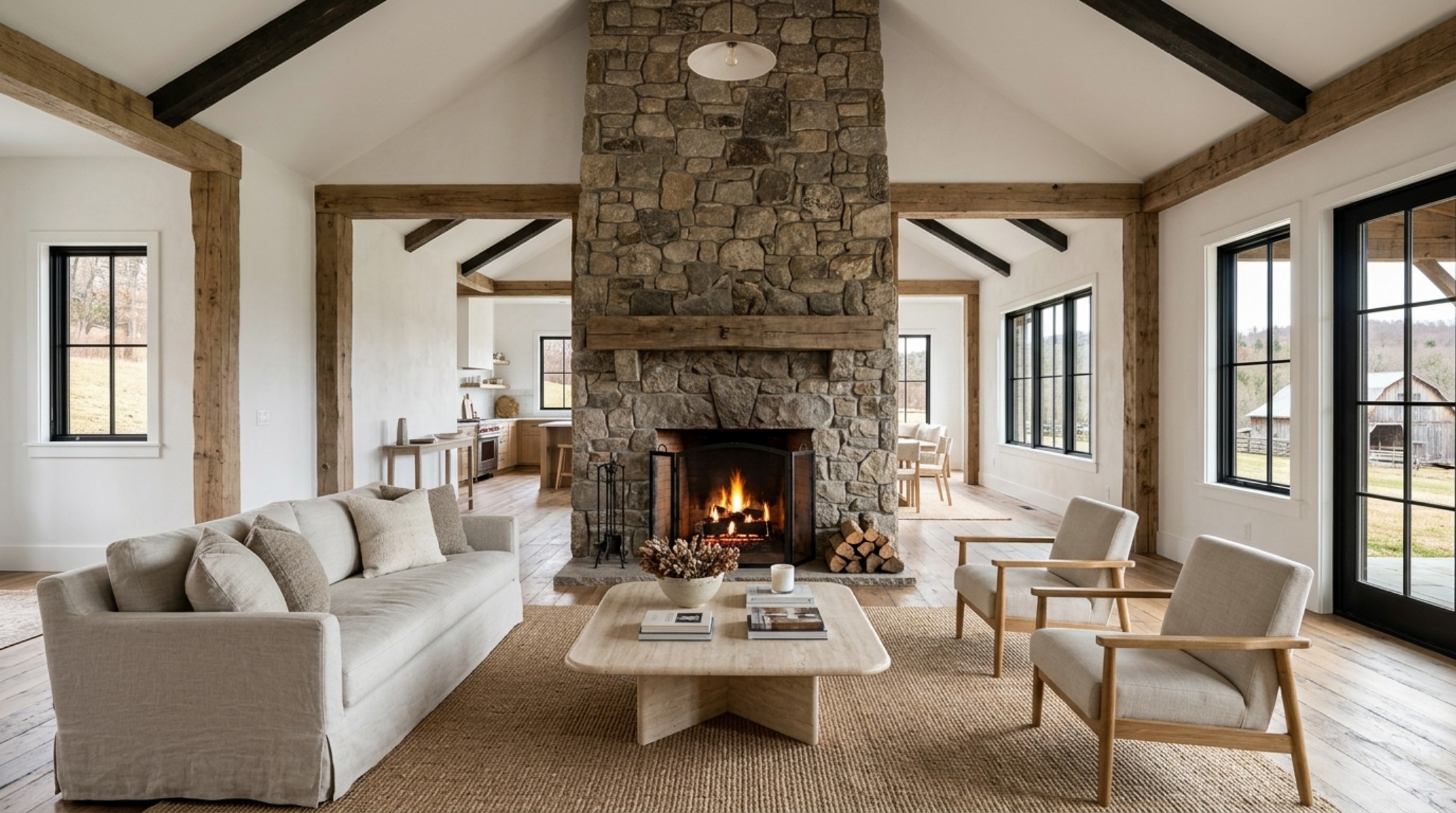 Architectural view of a modern farmhouse fireplace makeover with a custom slate hearth, demonstrating 36-inch walkway clearances and a balanced spatial layout.