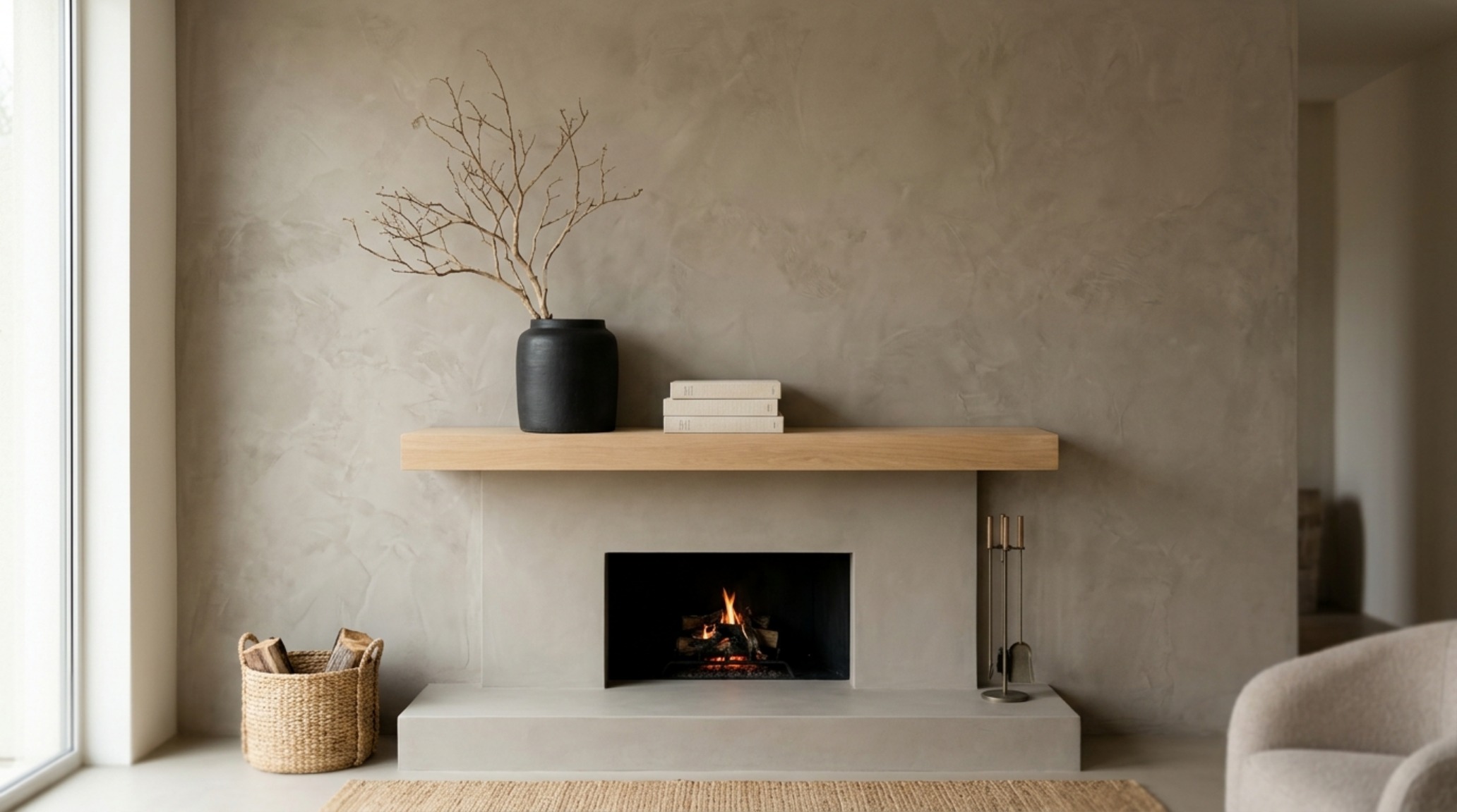 Minimalist farmhouse mantel styling featuring negative space, a single large ceramic vessel, and a textured piece of abstract art on a limewashed wall.