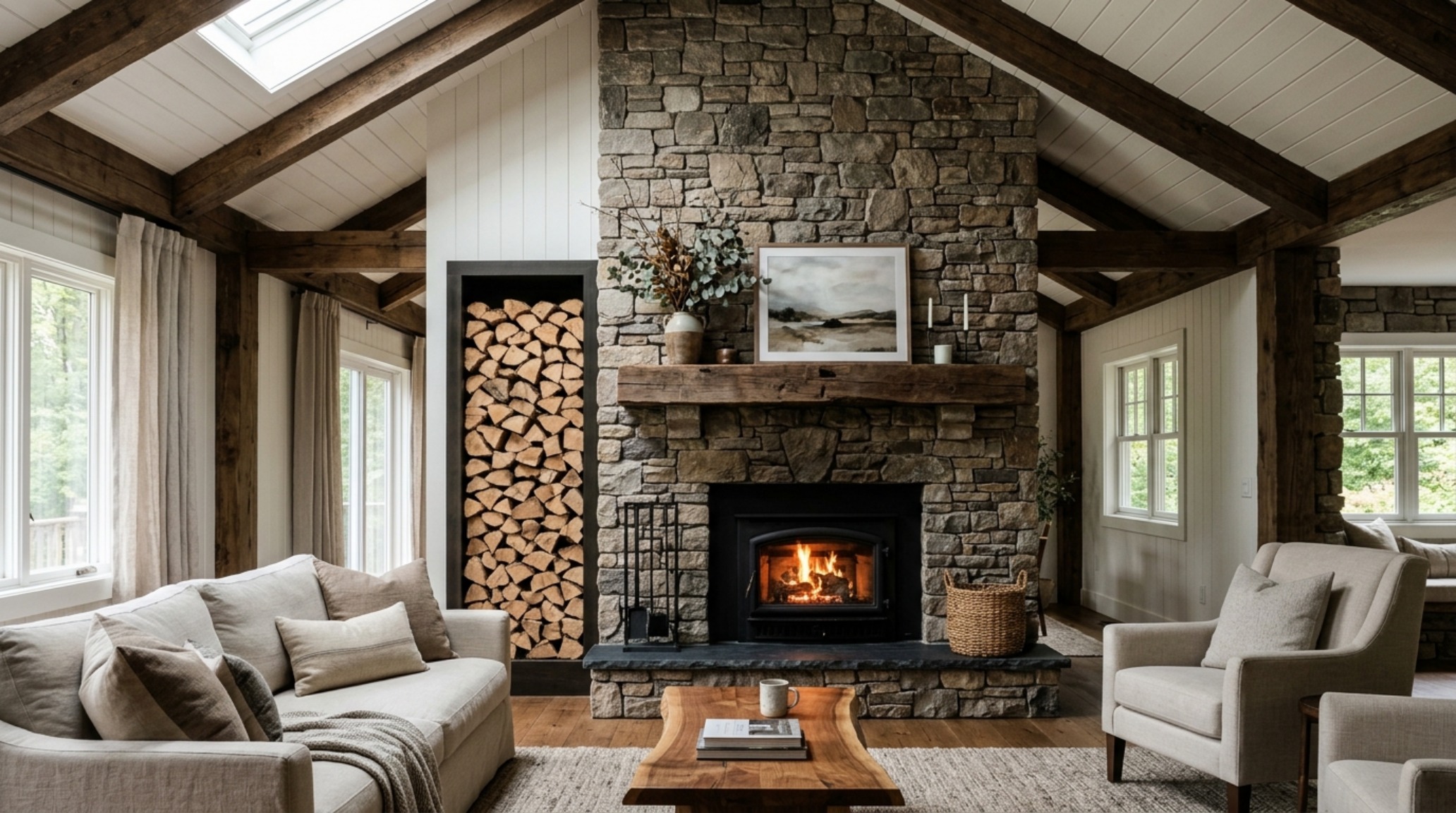 A rustic fireplace beam installation using reclaimed timber, integrated into a floor-to-ceiling stone surround with vertical firewood storage insets.