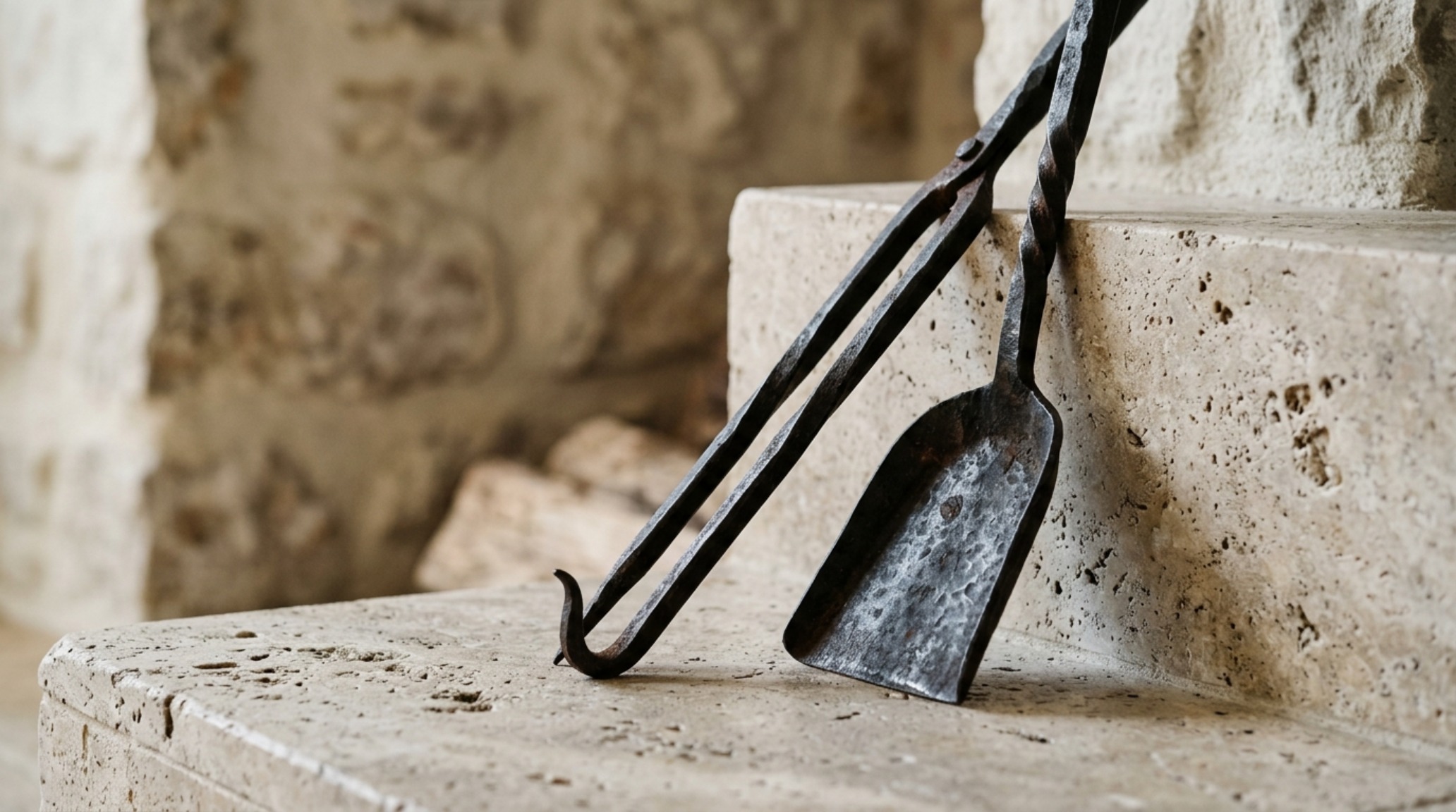 Close-up of a honed travertine hearth and blackened iron fire pokers, emphasizing the tactile grounding and material contrast in a warm minimalist room.