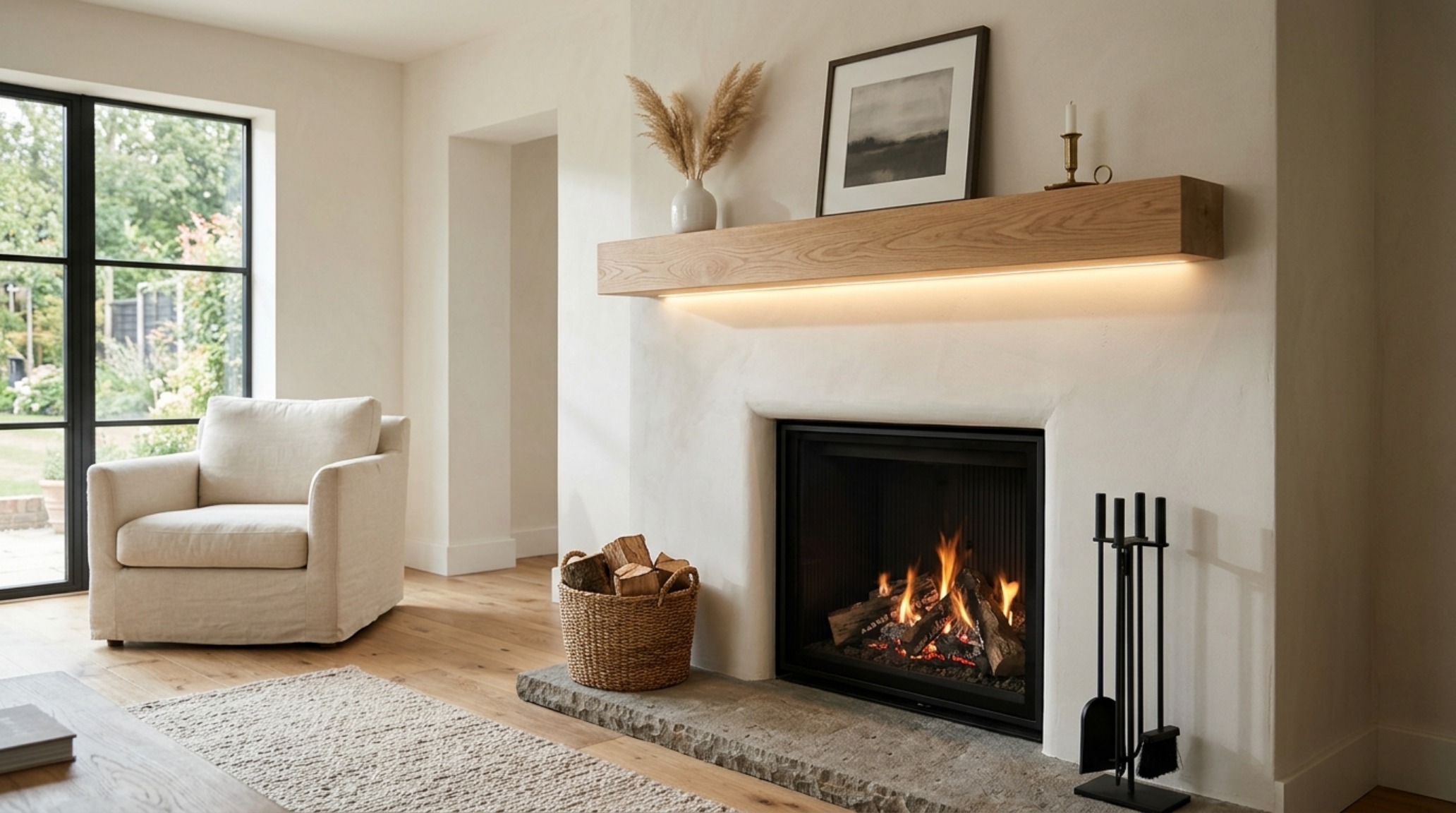 Modern farmhouse fireplace with a floating white oak mantel and 92 CRI directional lighting focusing on the natural grain of the wood.