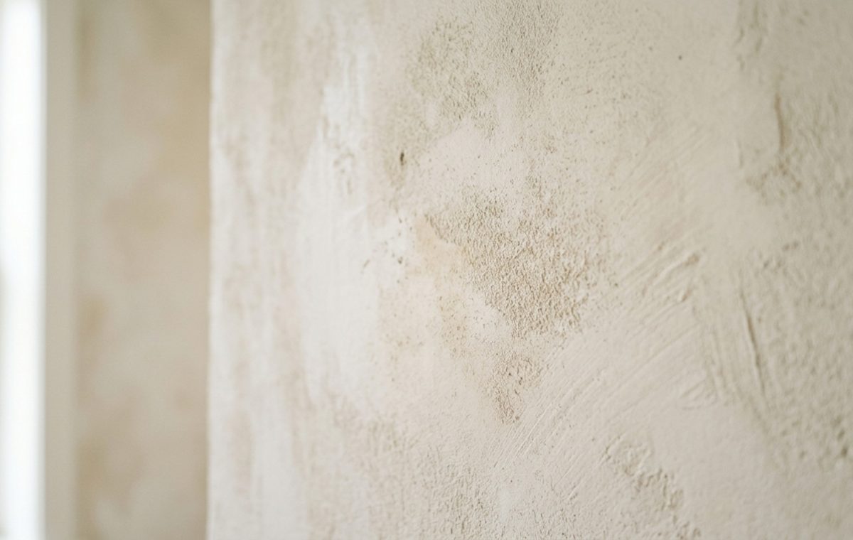 Close-up of a hand-applied mineral limewash wall in Sherwin-Williams Greek Villa, showing the soft mottling and crystalline texture under warm directional sunlight.