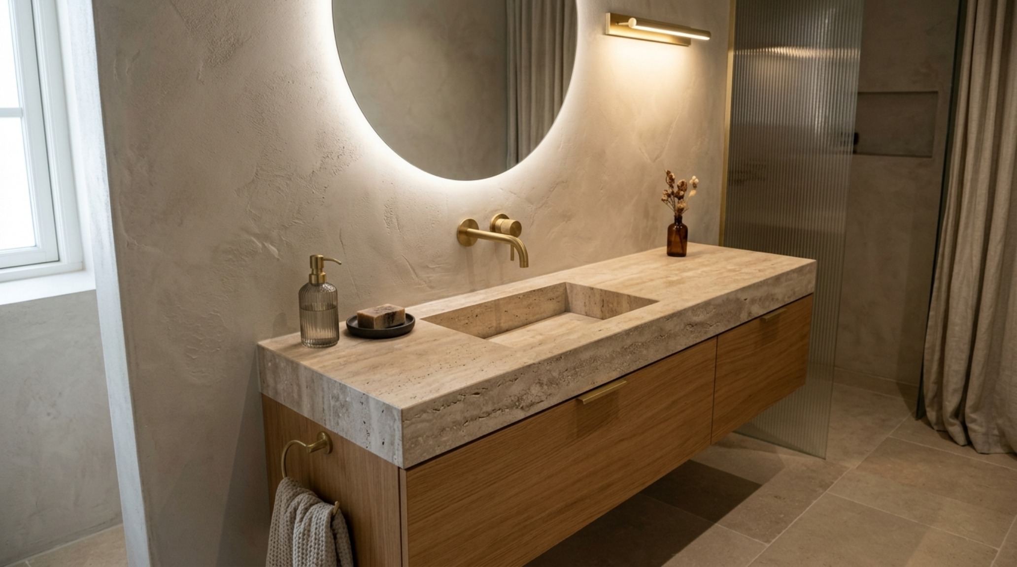 A bathroom vanity detail featuring a thick-edged marble counter and textured walls that demonstrate the durability and aesthetic of modern plaster finishes.