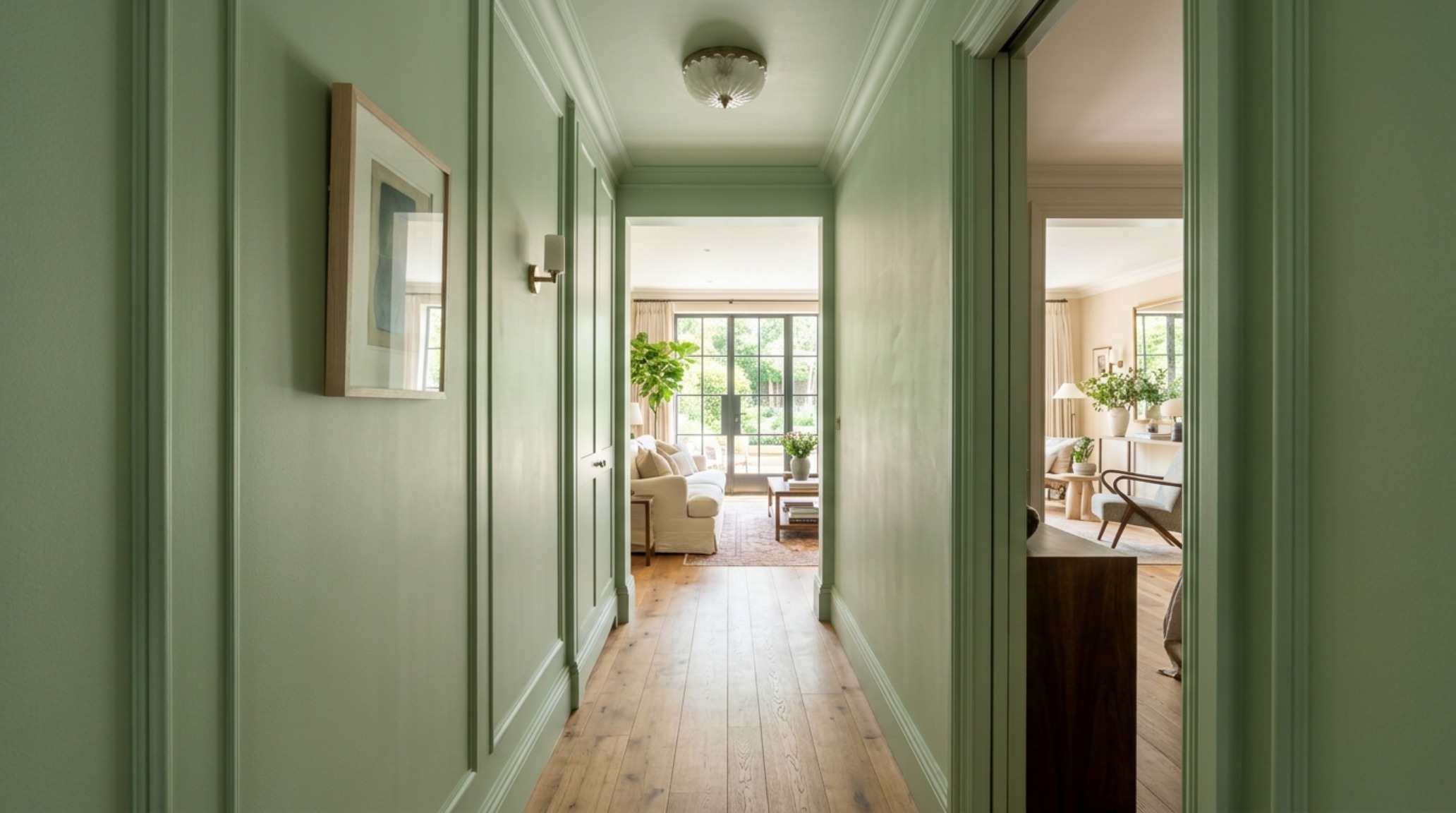View from a 36-inch wide corridor looking into a living space, highlighting sightline alignment and the cohesive use of color drenching in small rooms.