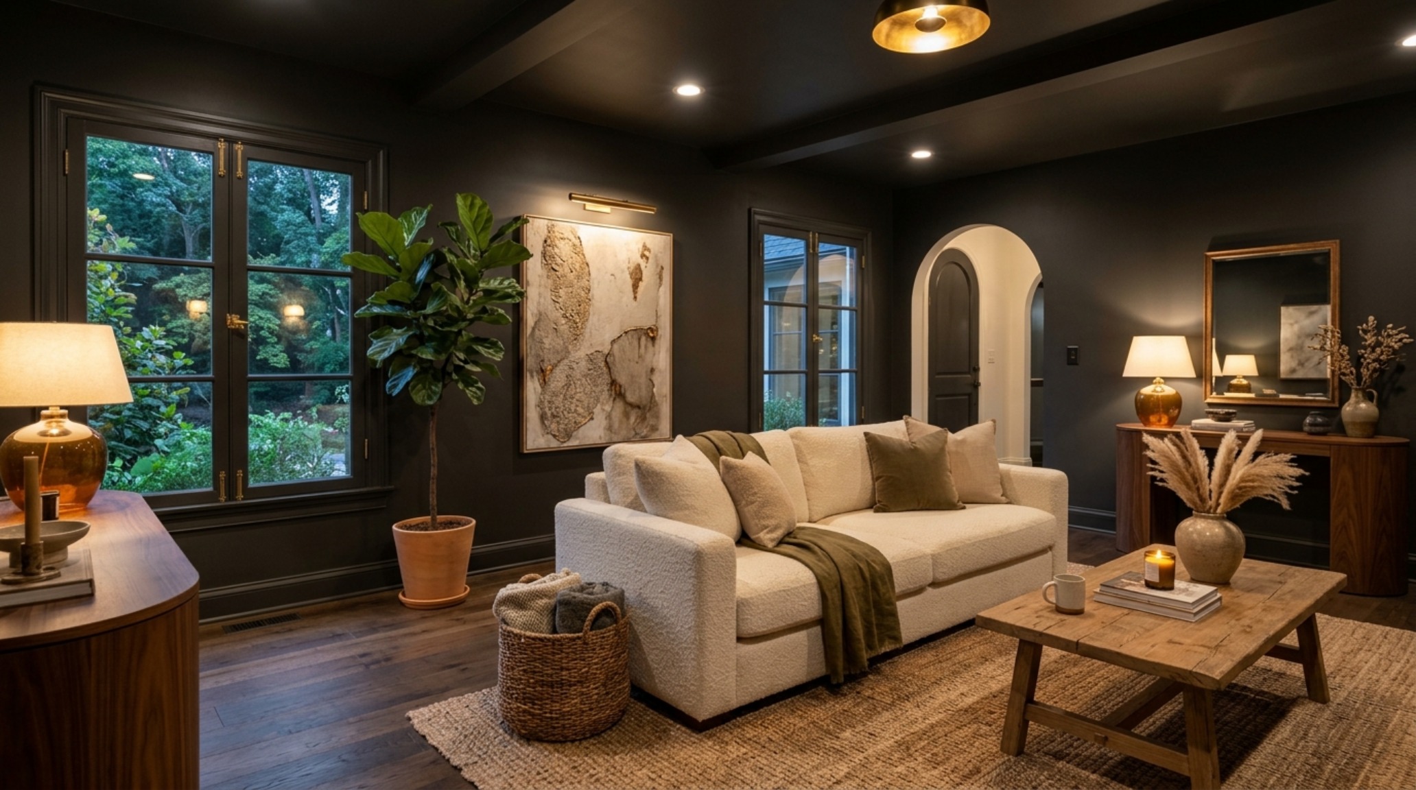 Modern living room featuring a color-drenched ceiling and walls in Sherwin-Williams Iron Ore, styled with a low-slung linen sofa and 36-inch architectural walkways.