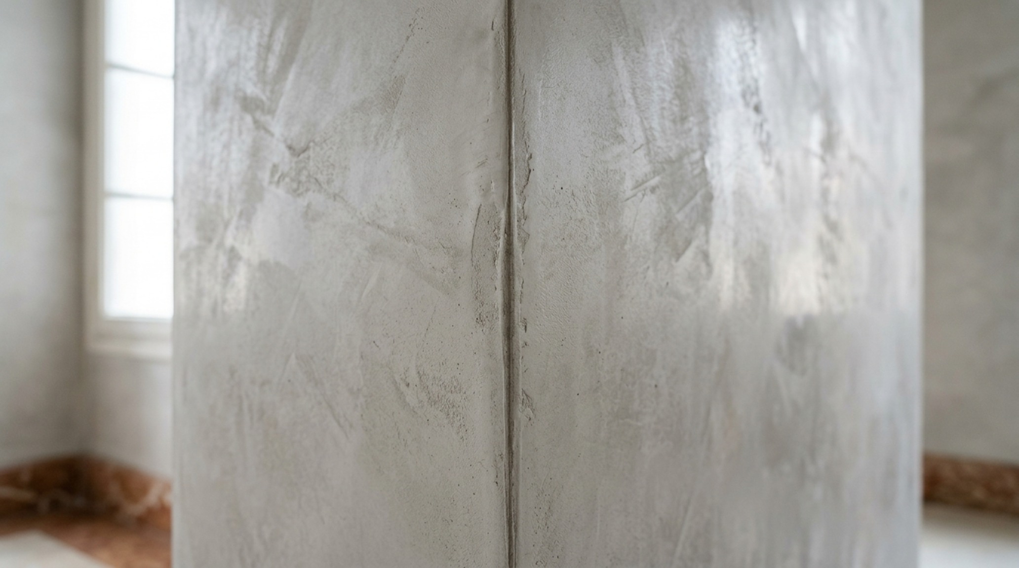 Architectural detail of a Venetian plaster hallway where shadow play highlights the smooth, stone-like sheen of the artisan wall finish.