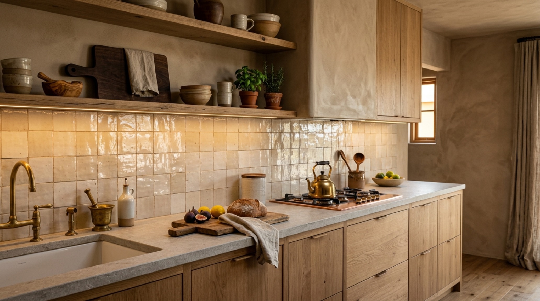 Tactile kitchen design featuring a backsplash of zellige tiles and limewash walls, balancing organic modern paint colors with functional task lighting.