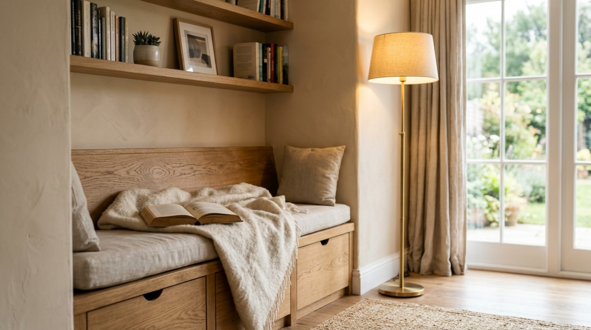 A minimalist reading nook with a built-in bench, illustrating spatial cadence and the use of warm minimalist paint colors for emotional grounding.