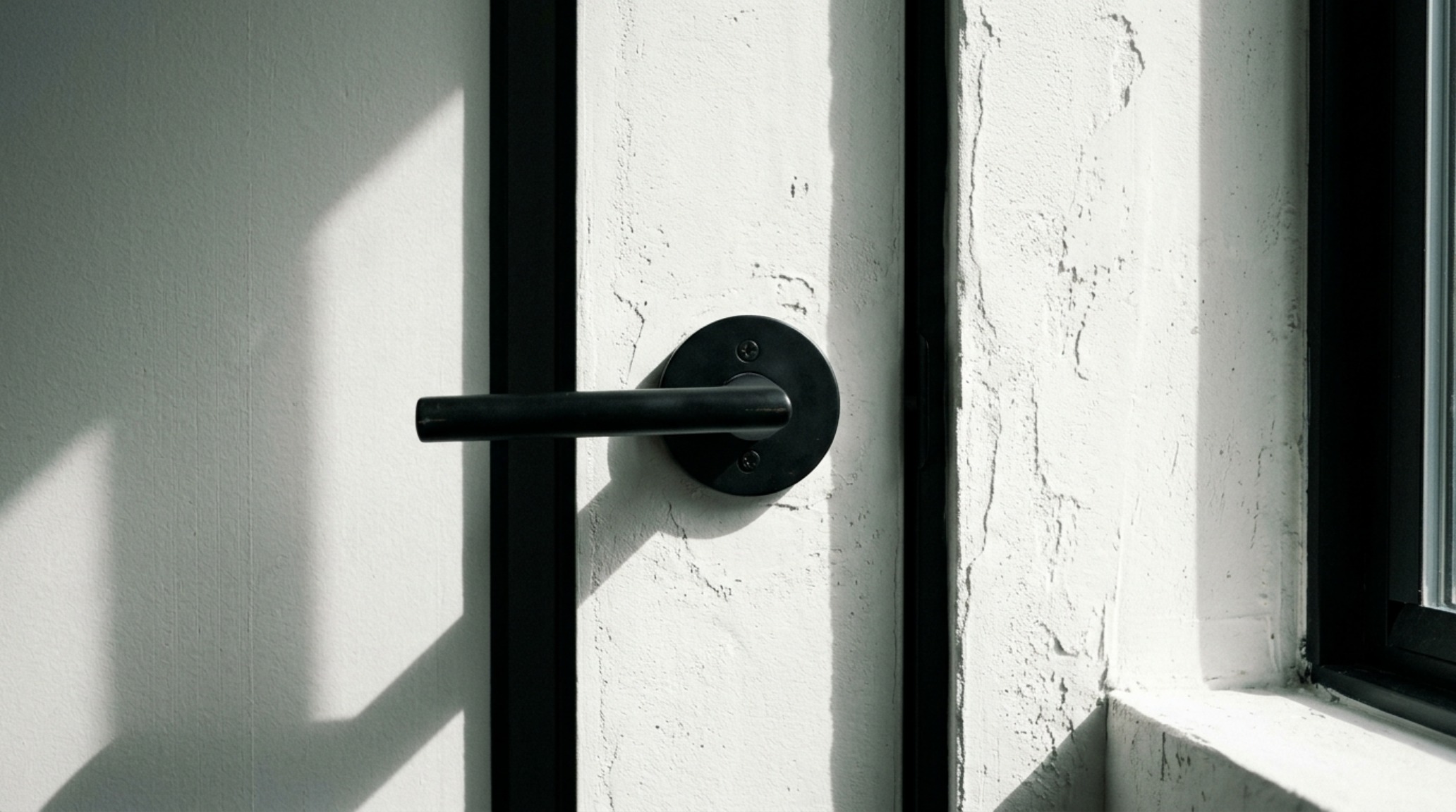 Close-up of matte black architectural hardware against a textured Roman Clay wall, showcasing high-contrast designer color palettes in a modern home.
