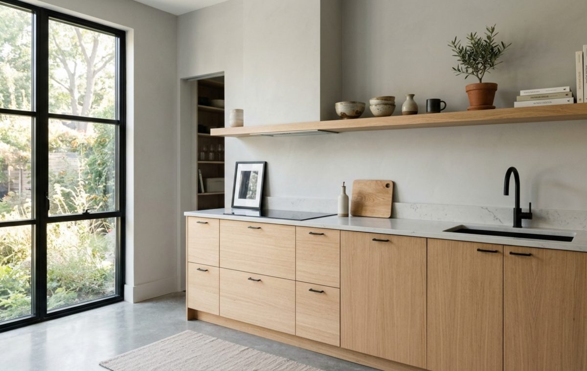 Ikea sektion planning guide visual showing 36-inch walkway clearances and minimalist white oak floating shelves above matte cabinetry.