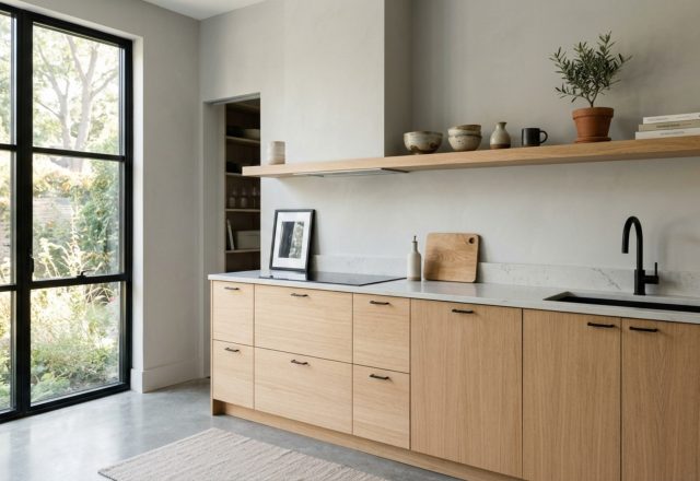 Ikea sektion planning guide visual showing 36-inch walkway clearances and minimalist white oak floating shelves above matte cabinetry.