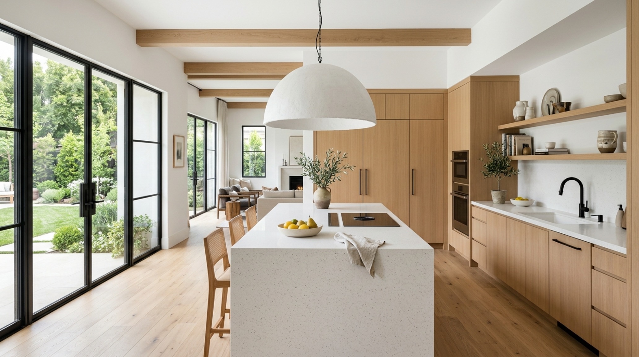 Modern kitchen layouts 2025 highlighting an open-plan kitchen with integrated appliances, 2700K warm lighting, and a sculptural plaster pendant.
