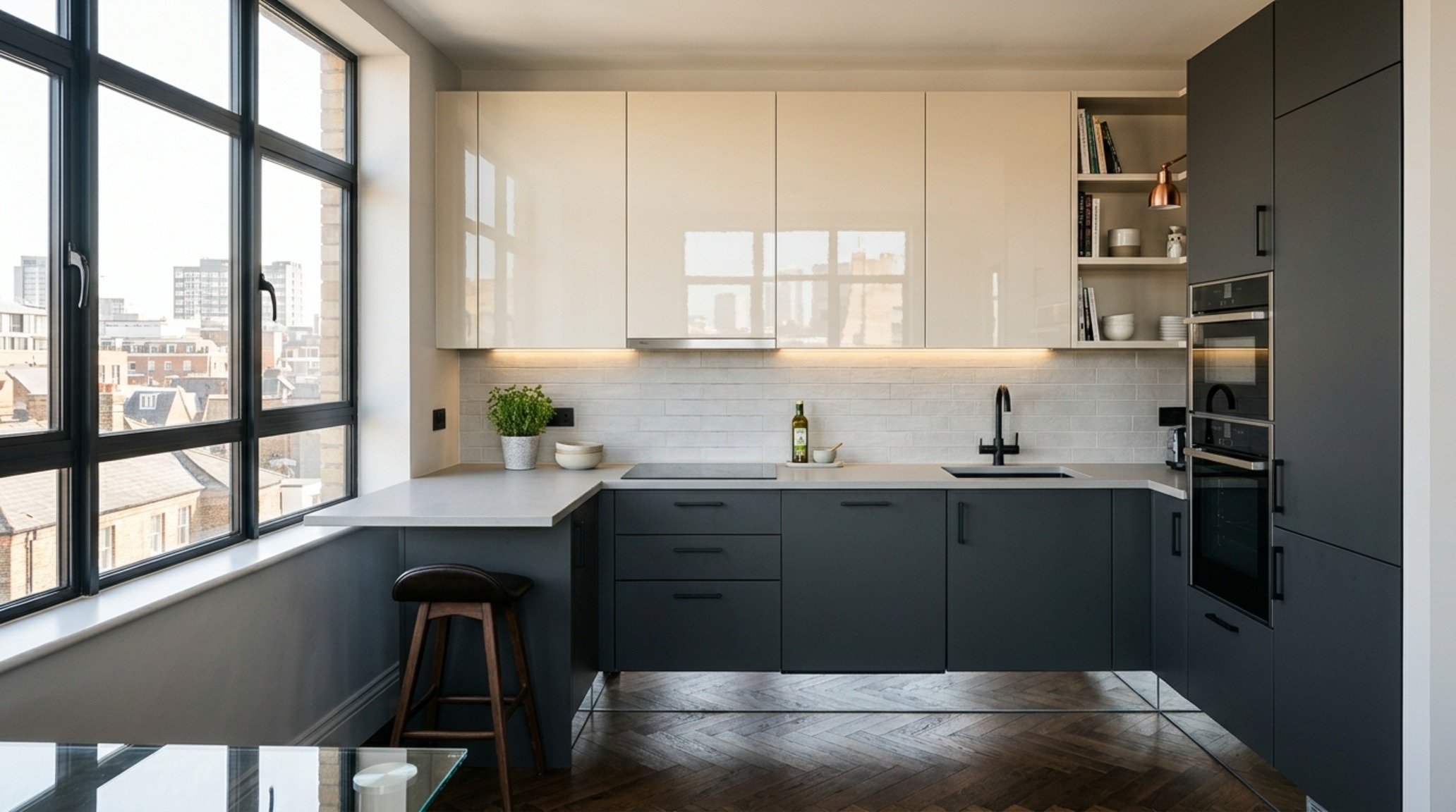 Small kitchen design ideas ikea utilizing high-gloss vertical cabinets to reflect light and custom brass toe-kicks for a floating aesthetic.