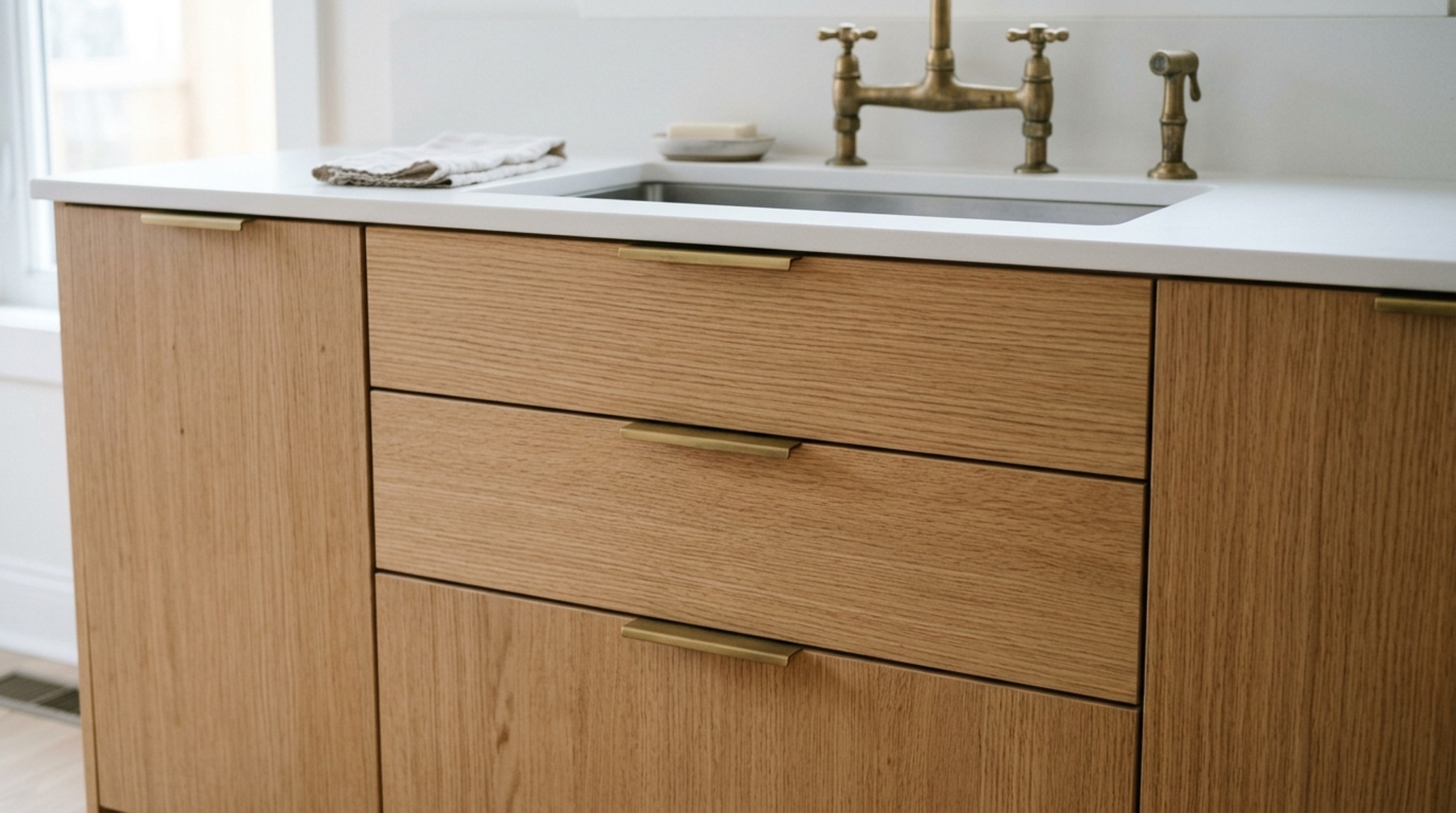 Custom fronts for ikea cabinets in rift-sawn white oak with vertical grain matching across a seamless horizontal cabinetry run.
