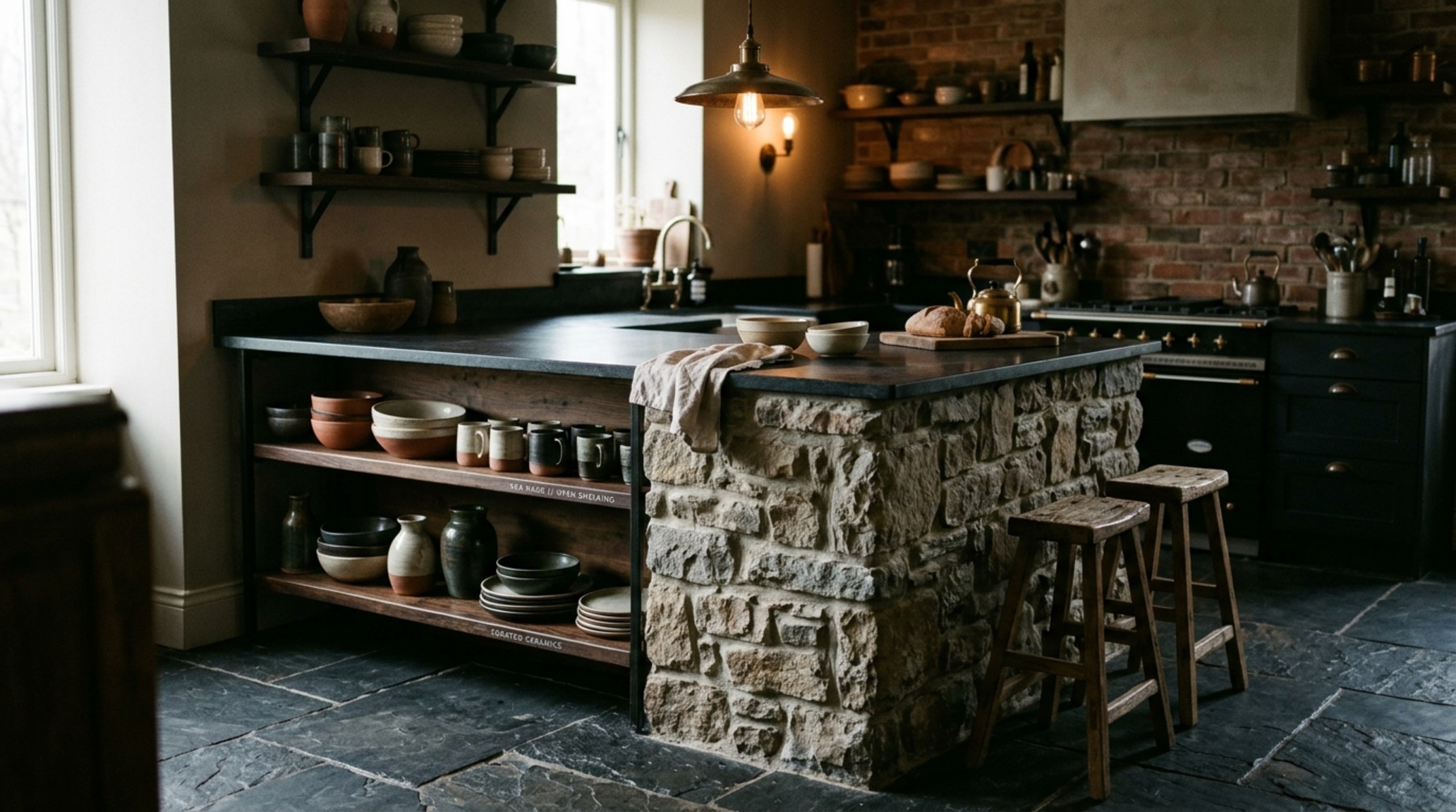 Ikea kitchen island hacks using back-to-back Sektion base units to create a 4-foot deep preparation station with stone-clad ends.