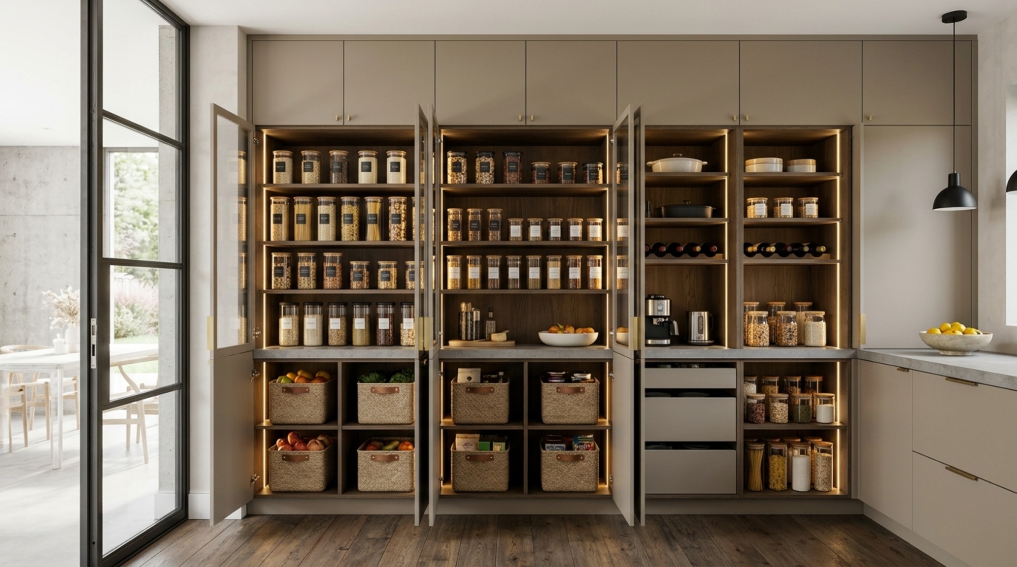 Modern kitchen layouts 2025 showcasing a 'back kitchen' pantry area with open shelving and organized glass storage jars.