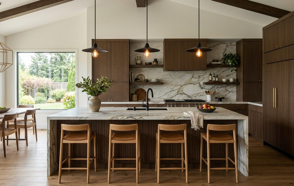 modern mobile home kitchen ideas featuring Roa Brasco marble countertops, matte black hardware, and dark fluted wood island cabinets with 3000K task lighting.