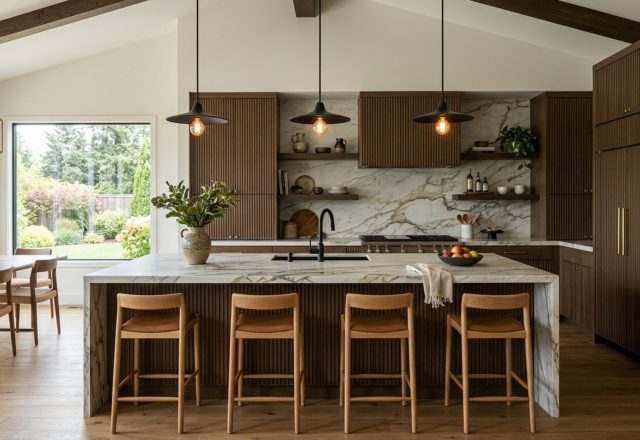 modern mobile home kitchen ideas featuring Roa Brasco marble countertops, matte black hardware, and dark fluted wood island cabinets with 3000K task lighting.