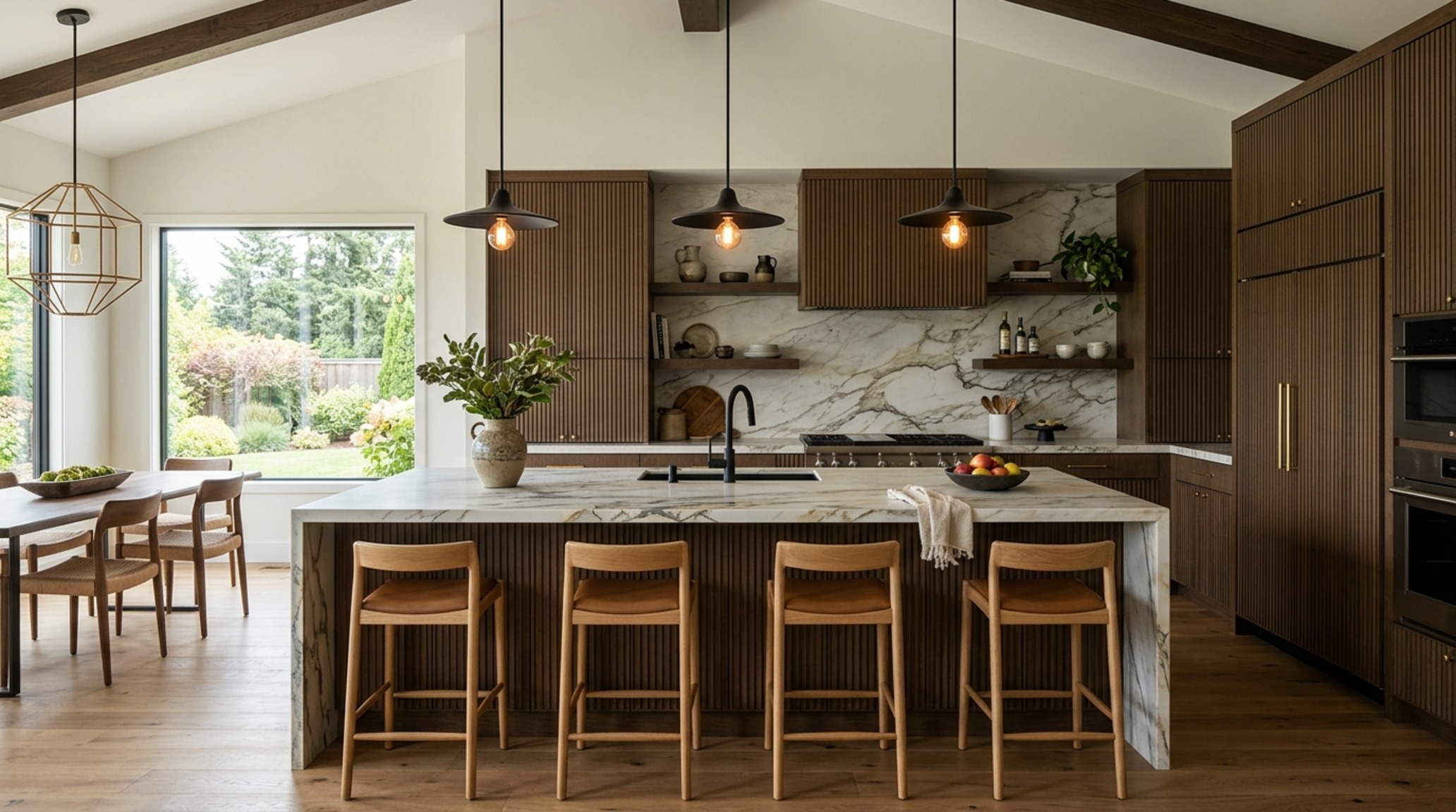 modern mobile home kitchen ideas featuring Roa Brasco marble countertops, matte black hardware, and dark fluted wood island cabinets with 3000K task lighting. modern mobile home kitchen ideas featuring Roa Brasco marble countertops, matte black hardware, and dark fluted wood island cabinets with 3000K task lighting.