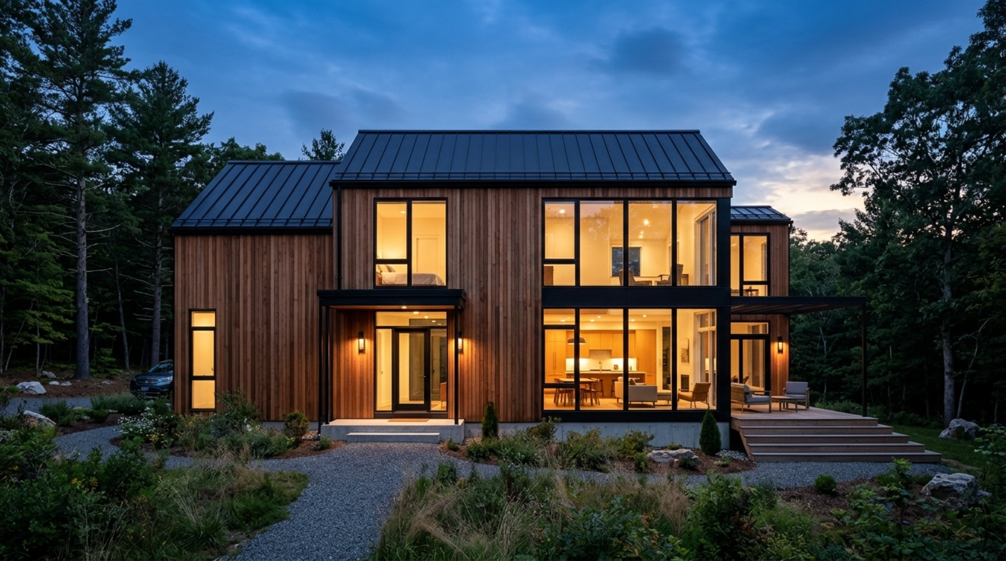 energy-efficient factory-built homes exterior showing clean architectural lines, vertical cedar siding, and high-performance triple-pane glass windows in the sunlight. energy-efficient factory-built homes exterior showing clean architectural lines, vertical cedar siding, and high-performance triple-pane glass windows in the sunlight.