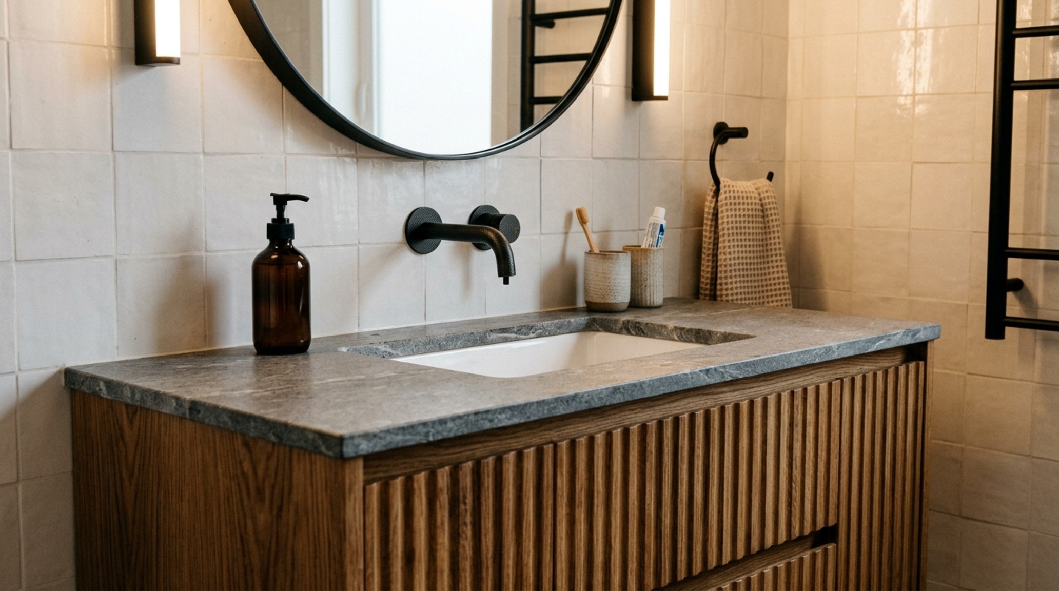 high-end prefab interiors master bathroom with a floating fluted oak vanity, honed stone backsplash, and matte black wall-mounted faucets. high-end prefab interiors master bathroom with a floating fluted oak vanity, honed stone backsplash, and matte black wall-mounted faucets.