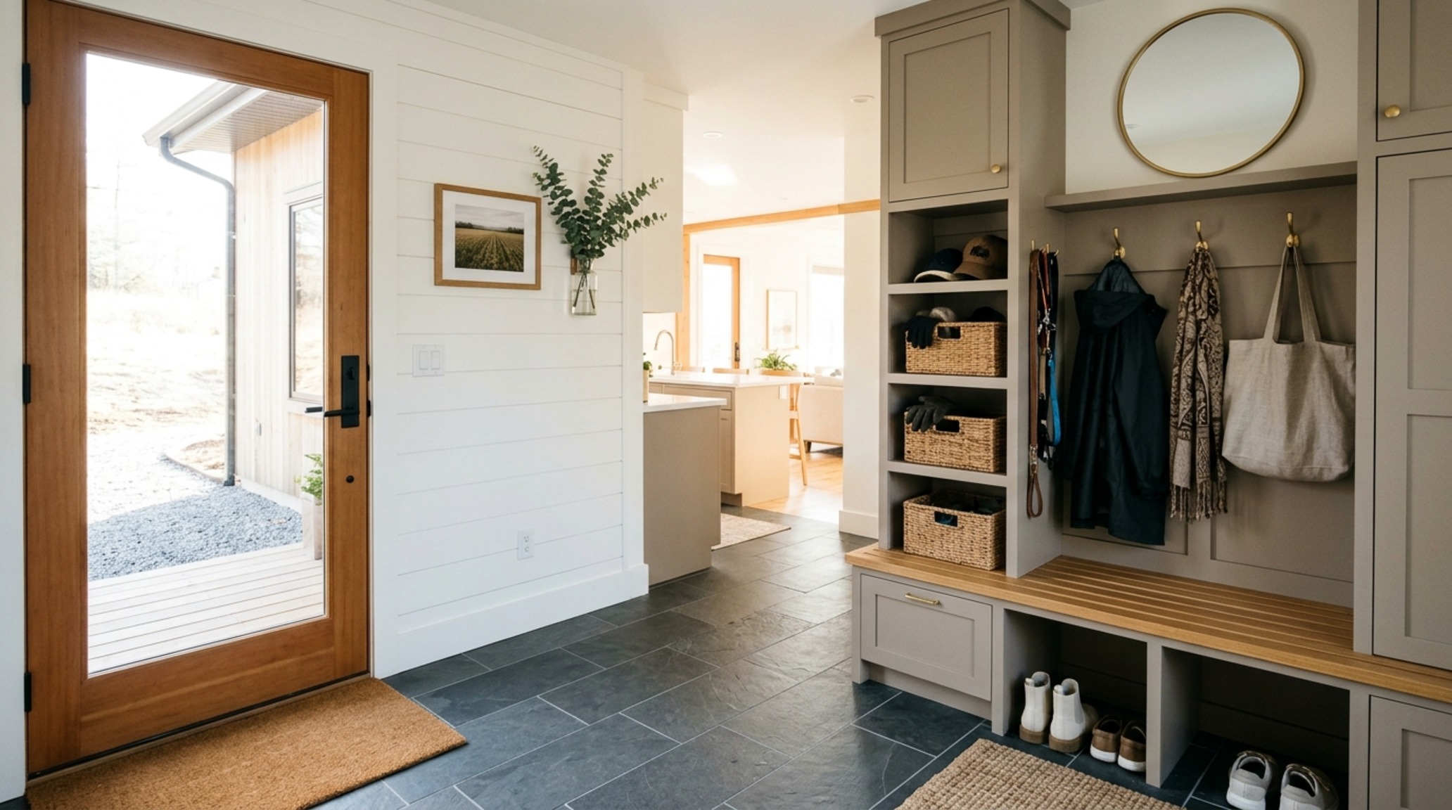 modern manufactured home floor plans with a dedicated mudroom entry, custom built-in cubbies in a soft taupe, and durable slate tile flooring. modern manufactured home floor plans with a dedicated mudroom entry, custom built-in cubbies in a soft taupe, and durable slate tile flooring.