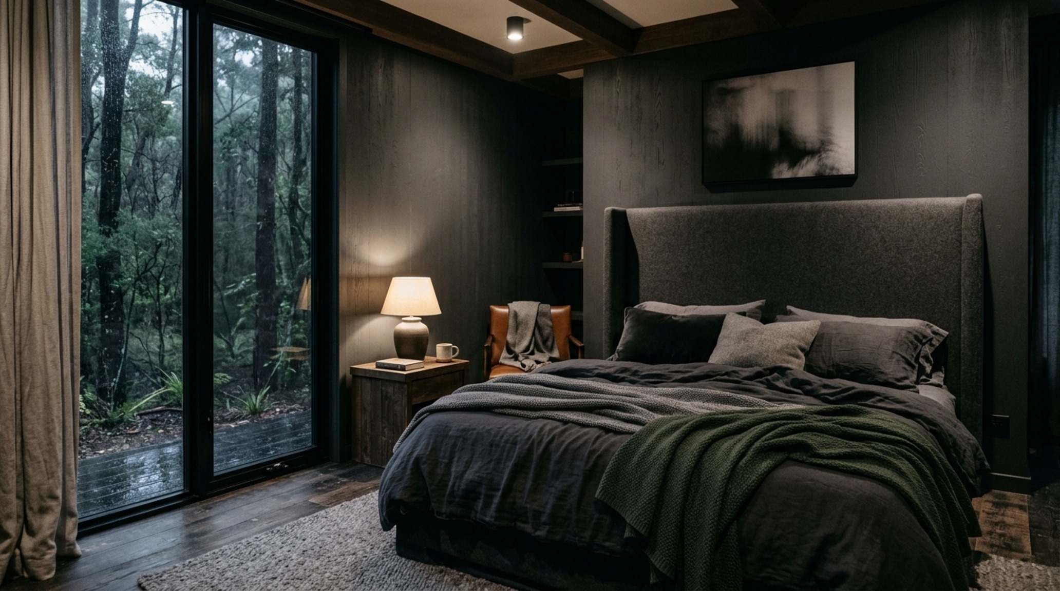 luxury single-wide cabin design bedroom with a dark charcoal accent wall, high-CRI recessed lighting, and a view of the outdoors through a large picture window. luxury single-wide cabin design bedroom with a dark charcoal accent wall, high-CRI recessed lighting, and a view of the outdoors through a large picture window.