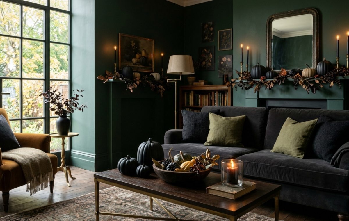 chic indoor halloween decor featuring a moody living space with charcoal linen curtains, aged brass sconces, and a curated arrangement of matte black ceramics on a low-profile coffee table.