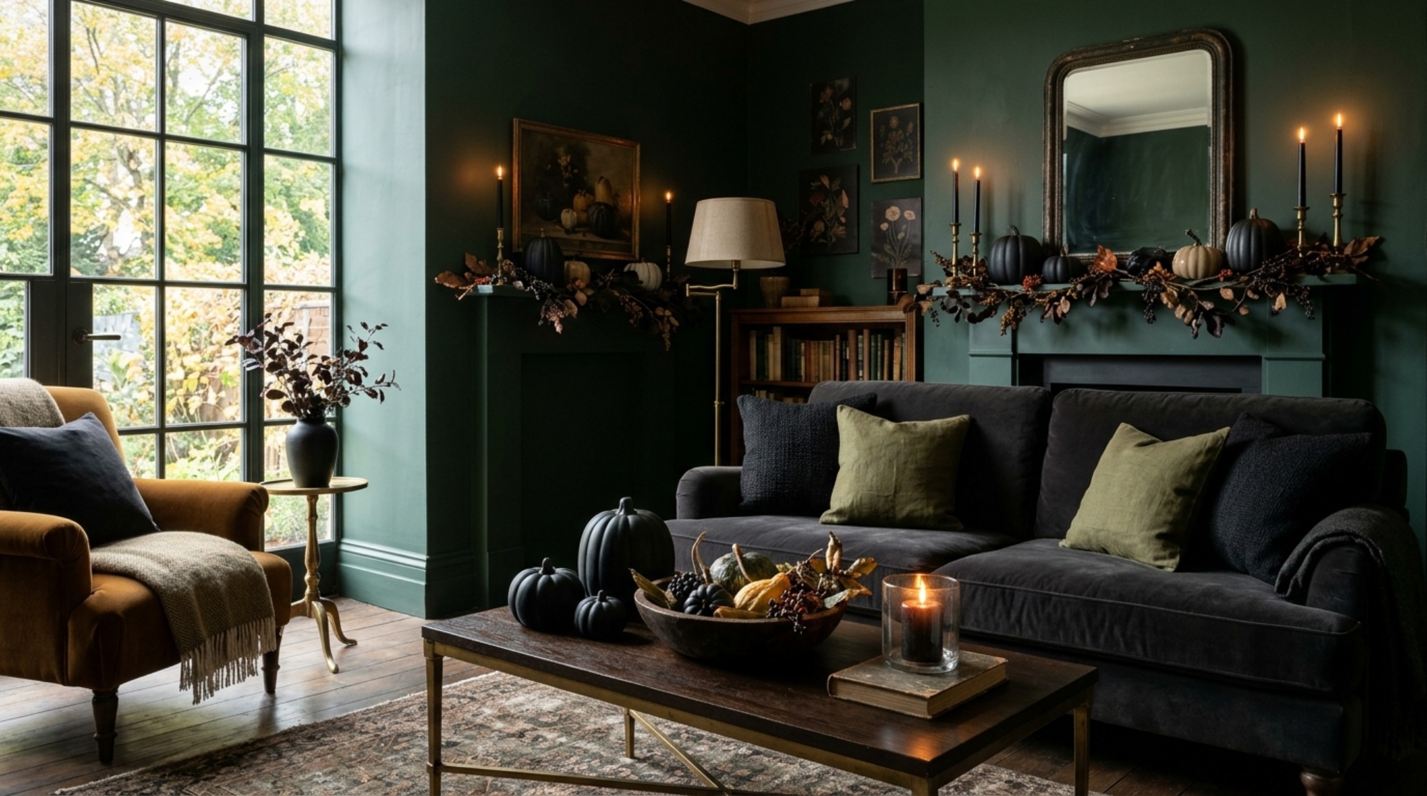 chic indoor halloween decor featuring a moody living space with charcoal linen curtains, aged brass sconces, and a curated arrangement of matte black ceramics on a low-profile coffee table. chic indoor halloween decor featuring a moody living space with charcoal linen curtains, aged brass sconces, and a curated arrangement of matte black ceramics on a low-profile coffee table.