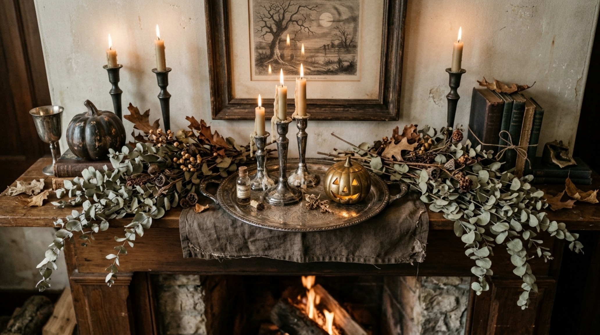 vintage halloween mantel featuring a collection of antique silver candlesticks with various stages of wax drip and a single large unglazed terracotta pumpkin. vintage halloween mantel featuring a collection of antique silver candlesticks with various stages of wax drip and a single large unglazed terracotta pumpkin.