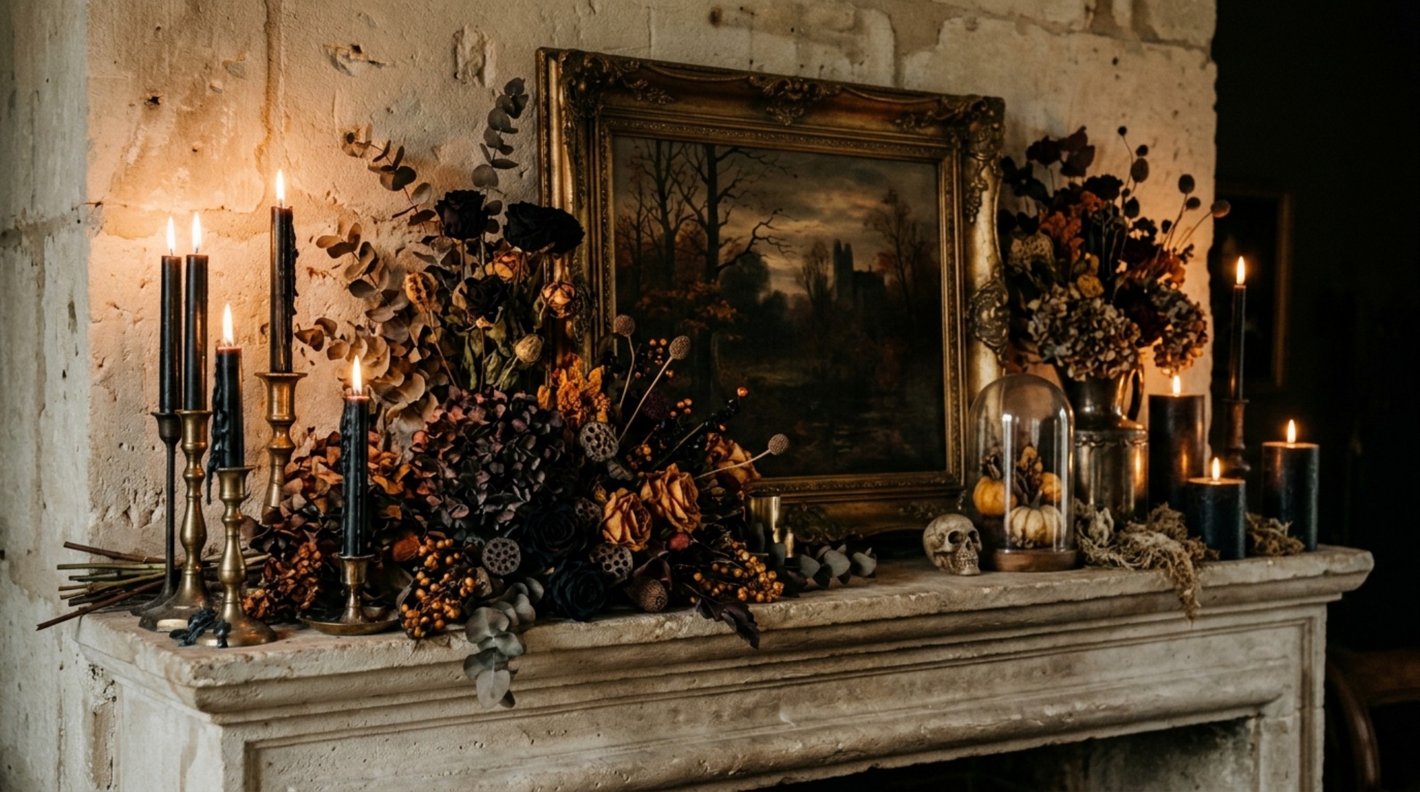 vintage halloween mantel styled with asymmetrical heights of black beeswax candles, a heavy gilt-framed oil painting, and dried burgundy amaranthus spilling over a limestone hearth. vintage halloween mantel styled with asymmetrical heights of black beeswax candles, a heavy gilt-framed oil painting, and dried burgundy amaranthus spilling over a limestone hearth.