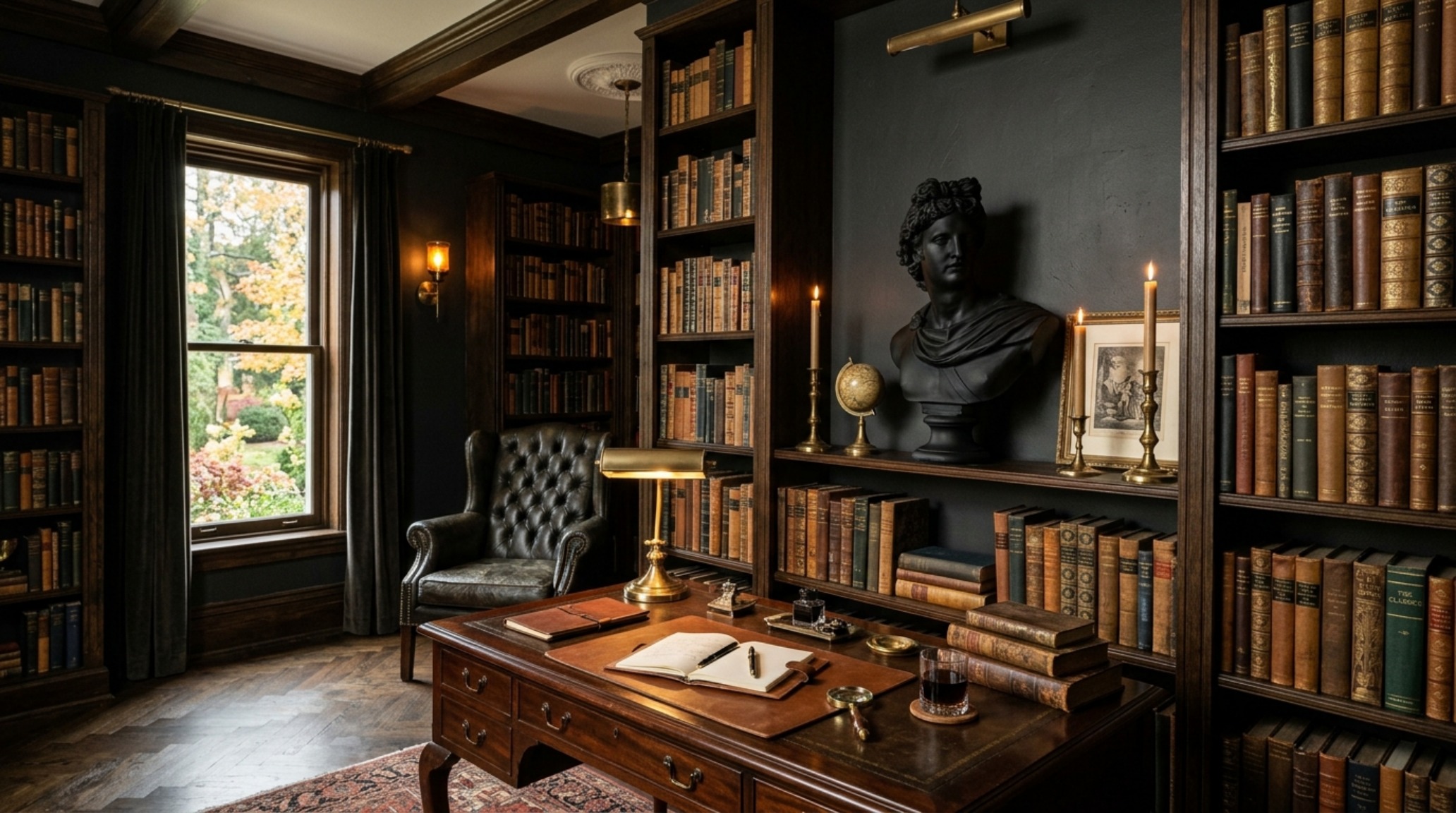 dark academia home decor showcasing a built-in library wall with leather-bound books, an antique brass magnifying glass, and a matte black bust against a Benjamin Moore Wrought Iron backdrop. dark academia home decor showcasing a built-in library wall with leather-bound books, an antique brass magnifying glass, and a matte black bust against a Benjamin Moore Wrought Iron backdrop.