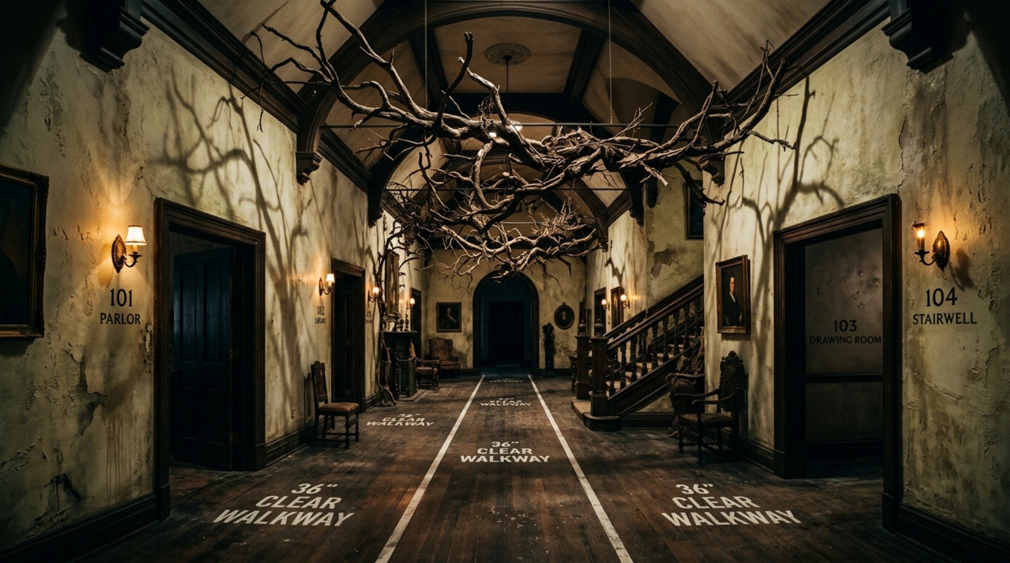 haunted house floor plan execution in a grand foyer with 36-inch walkways, low-light 2700K sconces, and a large-scale sculptural branch installation in a stone vessel. haunted house floor plan execution in a grand foyer with 36-inch walkways, low-light 2700K sconces, and a large-scale sculptural branch installation in a stone vessel.
