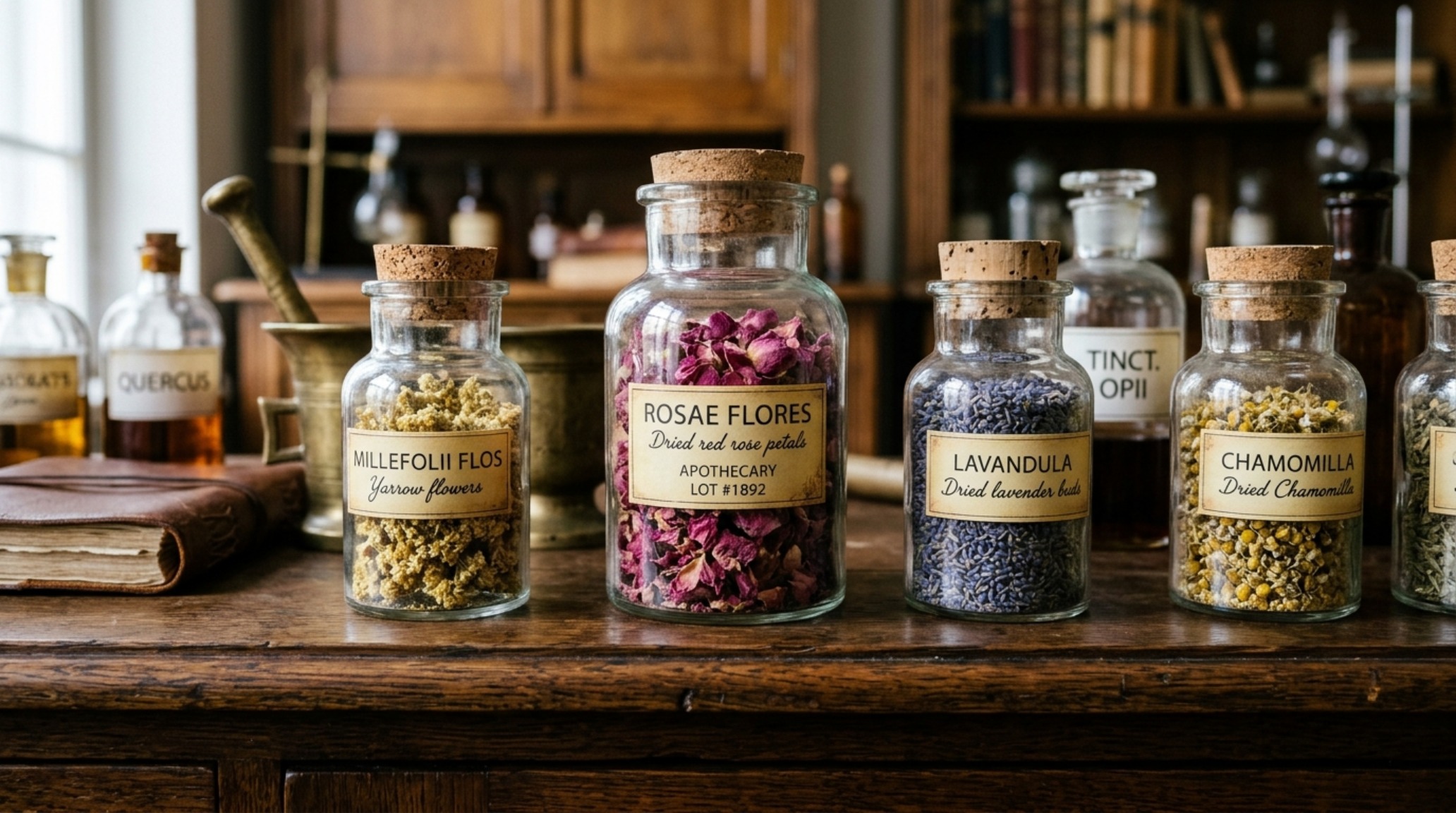apothecary jars interior featuring vintage glass vessels filled with dried botanical specimens and iron-gall ink labels on a dark oak console table with 18-inch reach clearance. apothecary jars interior featuring vintage glass vessels filled with dried botanical specimens and iron-gall ink labels on a dark oak console table with 18-inch reach clearance.