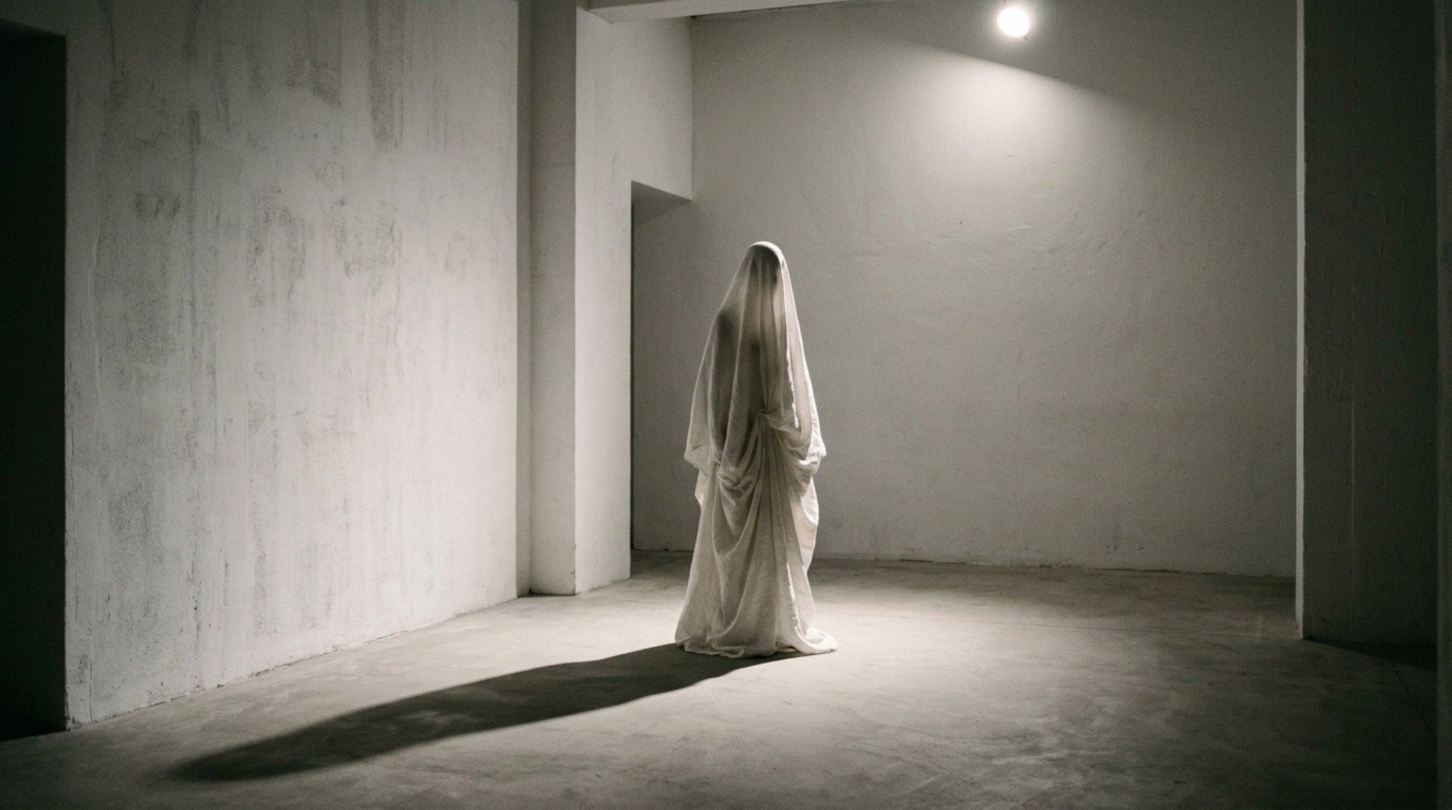 minimalist ghost styling with a free-standing, stiffened white linen form positioned in a hallway corner, illuminated by a low-angle floor light to create elongated shadows. minimalist ghost styling with a free-standing, stiffened white linen form positioned in a hallway corner, illuminated by a low-angle floor light to create elongated shadows.