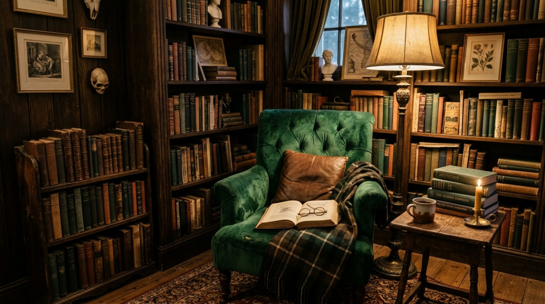 dark academia home decor vignette of a reading nook with a mohair velvet armchair, a stack of vintage occult books, and a small petrified wood side table. dark academia home decor vignette of a reading nook with a mohair velvet armchair, a stack of vintage occult books, and a small petrified wood side table.