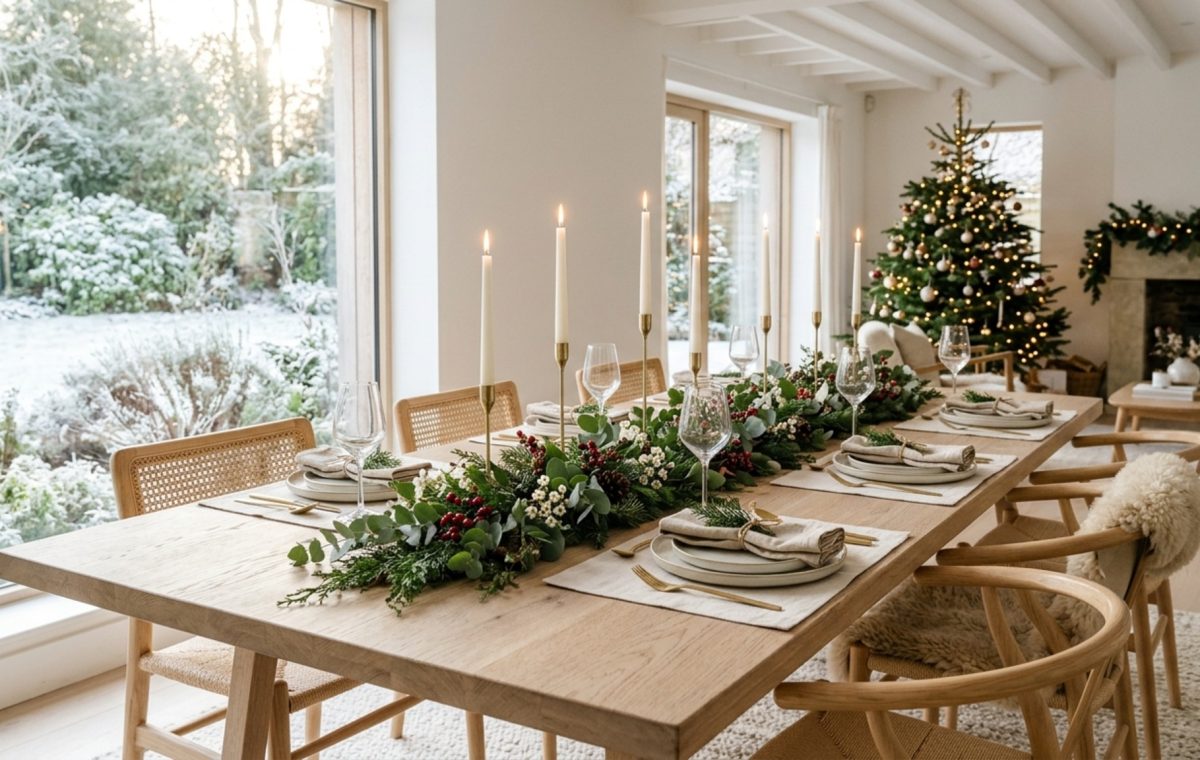 centerpiece height and sightline rules demonstrated on a long white oak table with low-profile eucalyptus arrangements and slender brass tapers