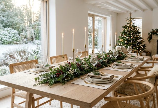 centerpiece height and sightline rules demonstrated on a long white oak table with low-profile eucalyptus arrangements and slender brass tapers