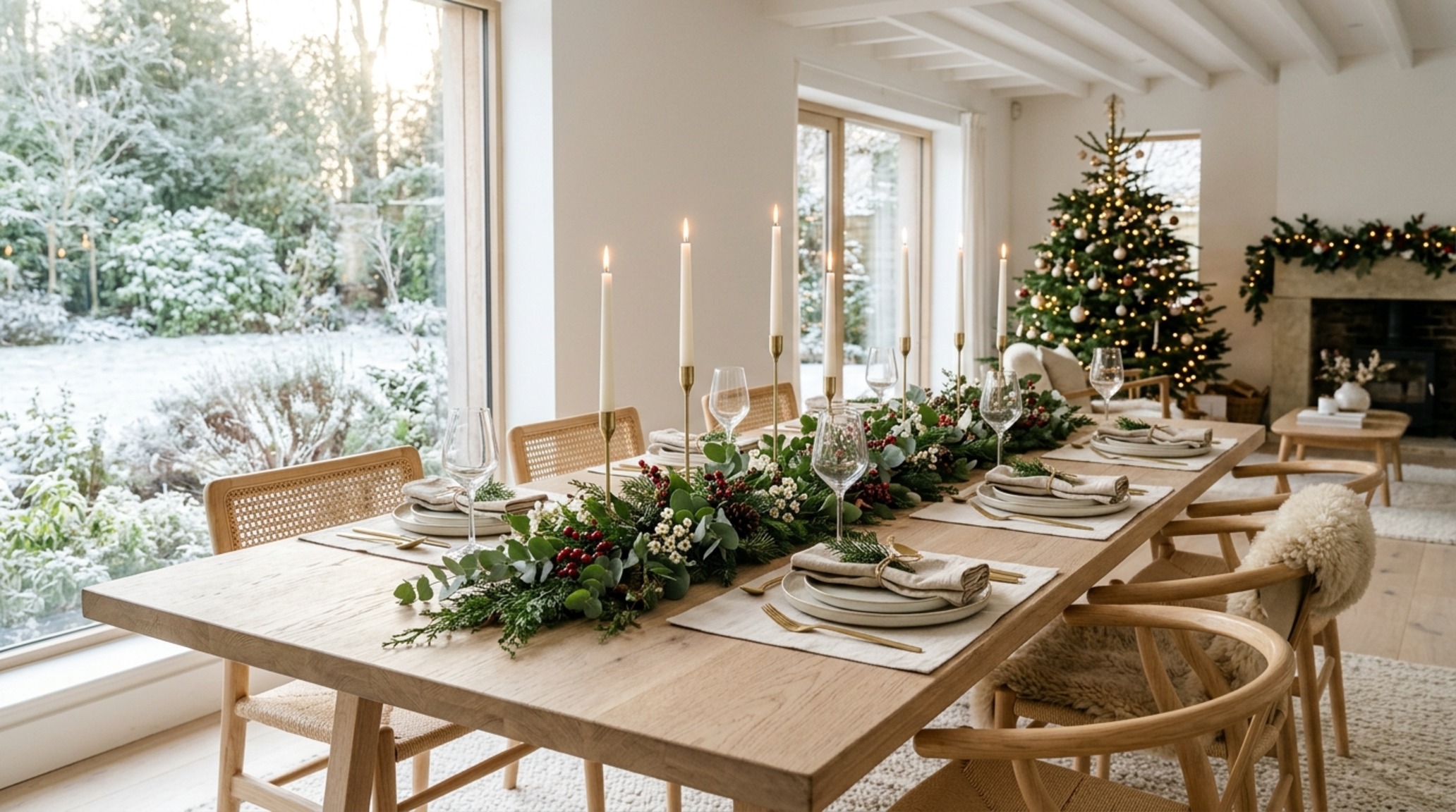 centerpiece height and sightline rules demonstrated on a long white oak table with low-profile eucalyptus arrangements and slender brass tapers centerpiece height and sightline rules demonstrated on a long white oak table with low-profile eucalyptus arrangements and slender brass tapers