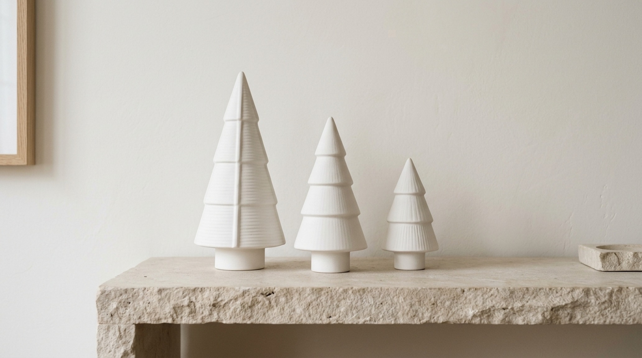 minimalist festive dining room decor utilizing negative space and a curated selection of white ceramic ornaments on a limestone sideboard minimalist festive dining room decor utilizing negative space and a curated selection of white ceramic ornaments on a limestone sideboard