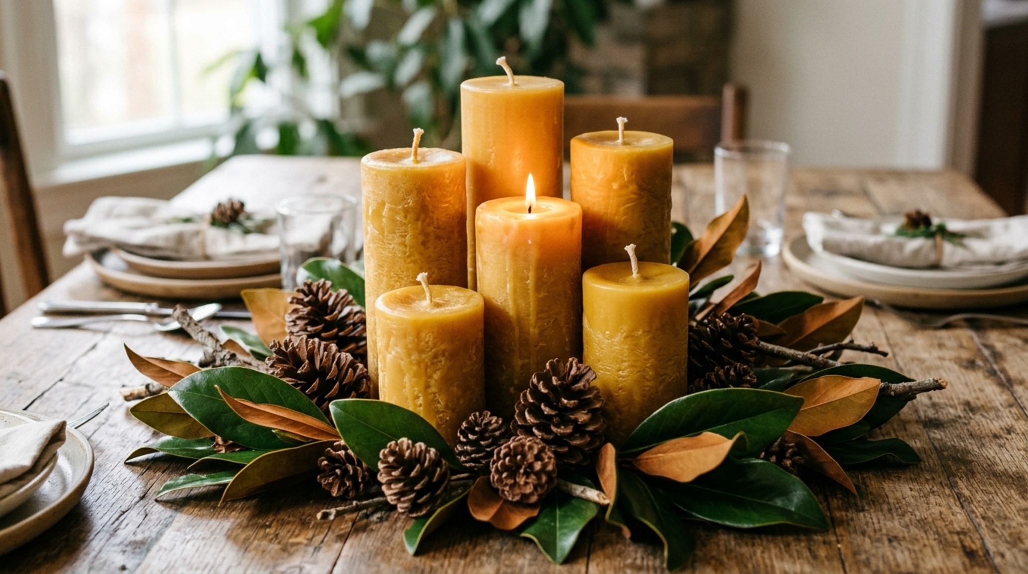 sustainable holiday centerpieces with beeswax pillars and foraged magnolia leaves providing rich tactile contrast sustainable holiday centerpieces with beeswax pillars and foraged magnolia leaves providing rich tactile contrast