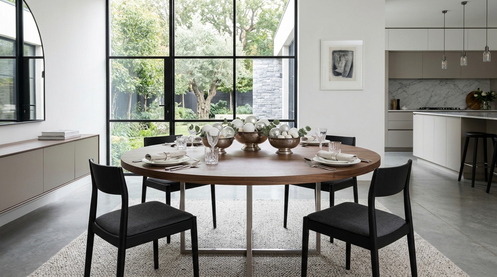 centerpiece height and sightline rules applied to a round dining table with a 10-inch high cluster of silver-toned ornaments and low candles centerpiece height and sightline rules applied to a round dining table with a 10-inch high cluster of silver-toned ornaments and low candles