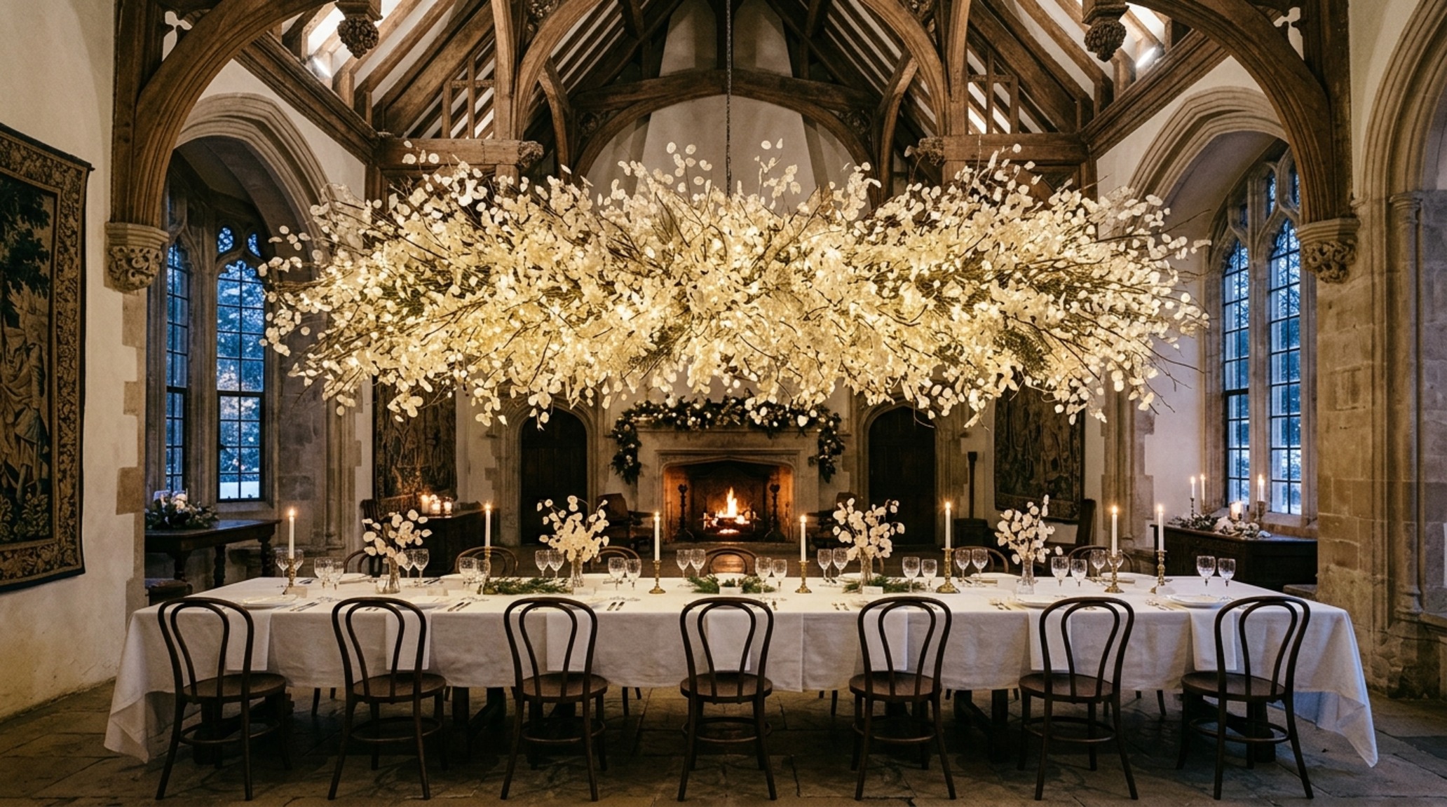 luxury christmas tablescaping ideas featuring a dramatic overhead installation of dried lunaria and warm fairy lights in a high-ceilinged room luxury christmas tablescaping ideas featuring a dramatic overhead installation of dried lunaria and warm fairy lights in a high-ceilinged room