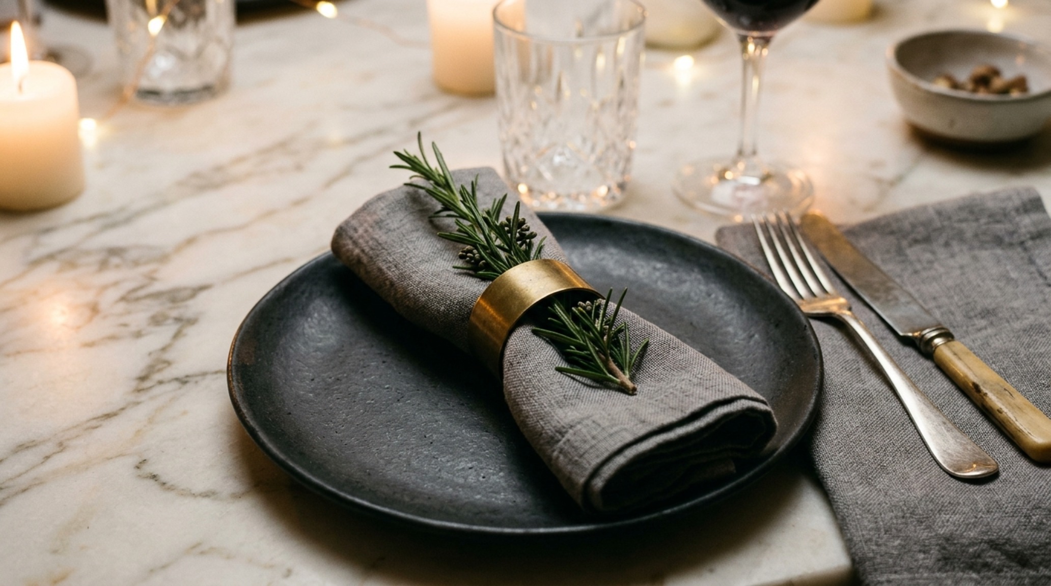 modern christmas place settings featuring matte charcoal ceramics, bone-handled cutlery, and neutral linen napkins on a honed marble surface modern christmas place settings featuring matte charcoal ceramics, bone-handled cutlery, and neutral linen napkins on a honed marble surface