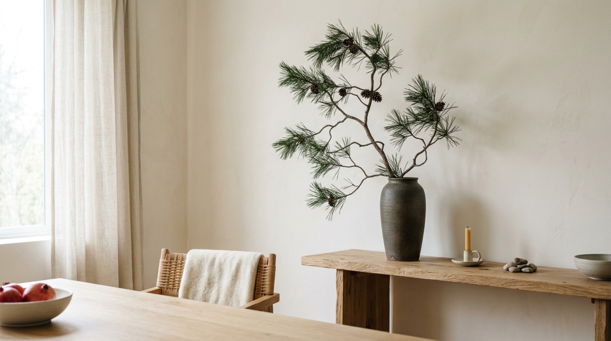 minimalist festive dining room decor showing a single sculptural pine branch in a Japanese ceramic vase against a Benjamin Moore Swiss Coffee wall minimalist festive dining room decor showing a single sculptural pine branch in a Japanese ceramic vase against a Benjamin Moore Swiss Coffee wall