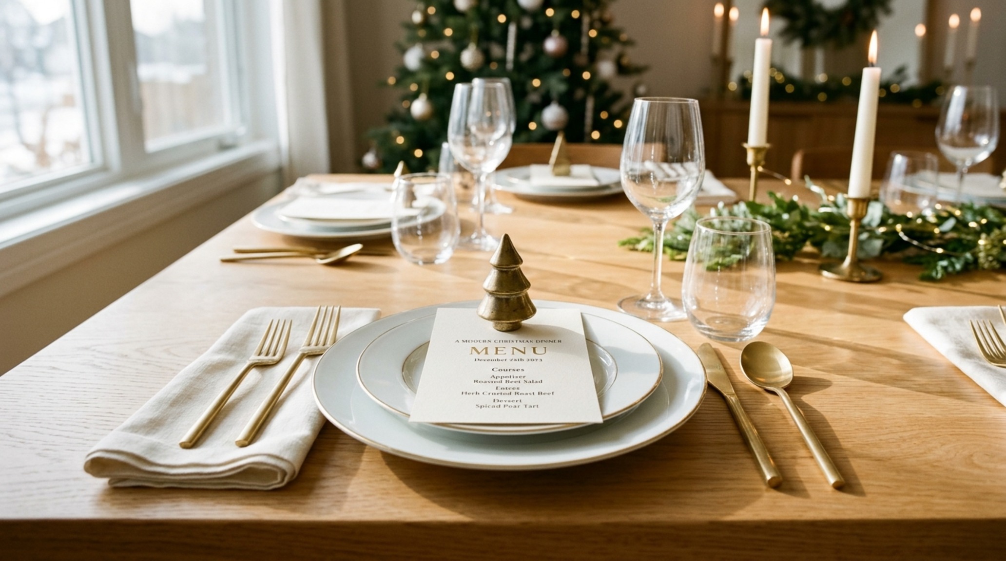 modern christmas place settings with gold-rimmed porcelain and personalized calligraphy name cards in an airy, architectural dining space modern christmas place settings with gold-rimmed porcelain and personalized calligraphy name cards in an airy, architectural dining space